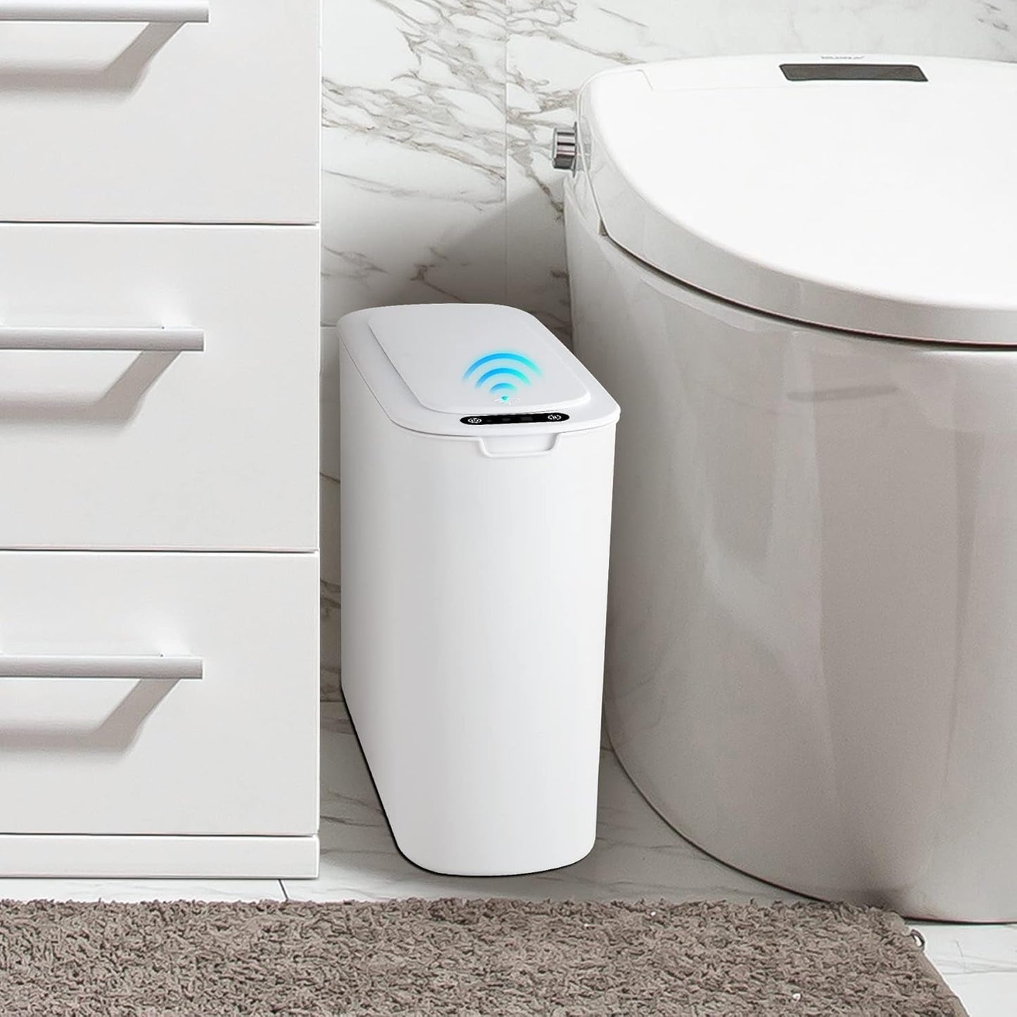 Automatic Motion Sensor Bathroom Trash Can with Lid, 2.6 Gallon Touchless Trash Bin, Smart Plastic Slim Garbage Can Small White Wastebasket for Toilet, Office, Rv, Bedroom, Living Room