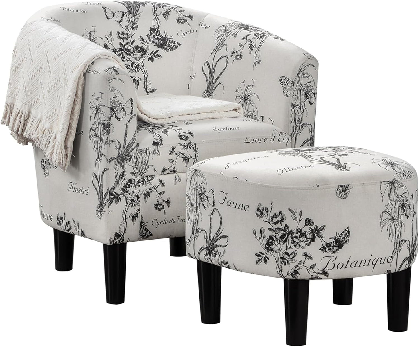 Take a Seat Churchill Accent Chair with Ottoman Set 26.25" - Modern Classic Mid-Back Barrel Accent Chair with U-Shaped Ottoman, for Living Room, Bedroom, Office, Botanical Print