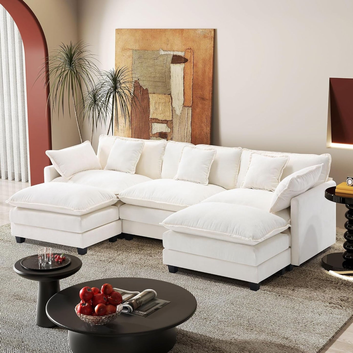 Modular Sectional Sofa,U Shaped Couch for Living Room,Modern Deep Seat Sofa 3 Seater Chenille Fabric Comfy Cloud Couches with Throw Pillows & Movable Ottoman