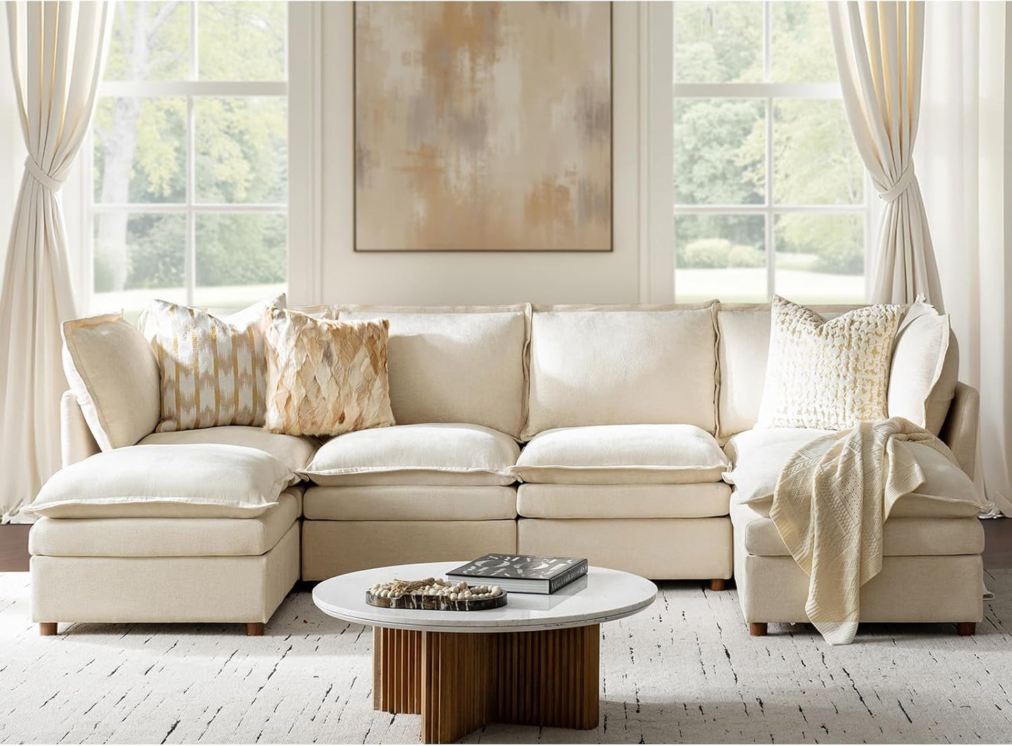 128'' Oversized Modular Sectional Sofa with Dual-Layered Cushions, U Shaped 6 Seater Couch with Storage Ottoman and Removable Cover, Modern Deep Seat Cloud Couch for Living Room, Beige