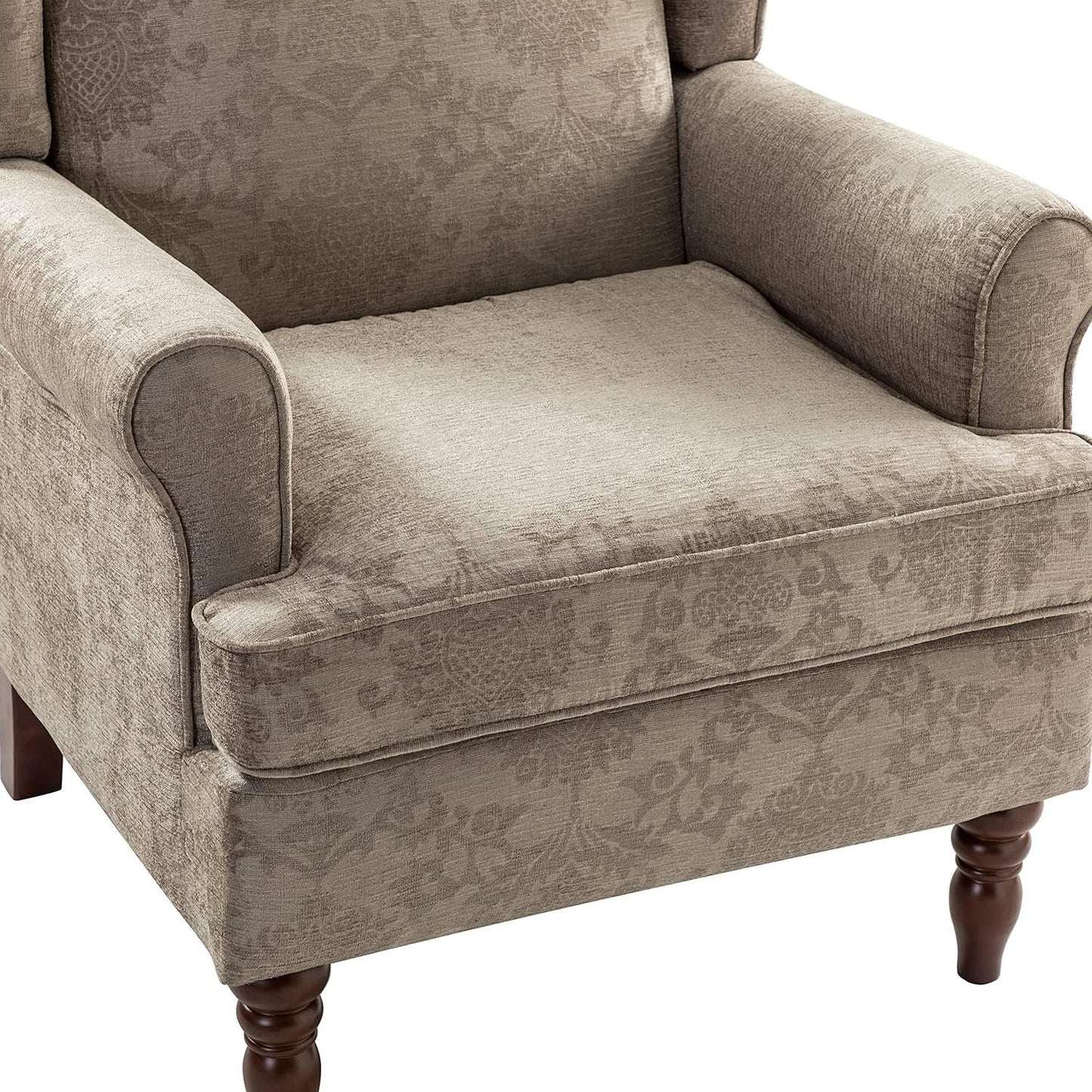 Wingback Accent Chair with Retro Wood Legs, Traditional Fabric Armchair for Living Room Bedroom, Comfy Upholstered Single Sofa Chair Reading Chair with Unique Pattern Design, Brocade