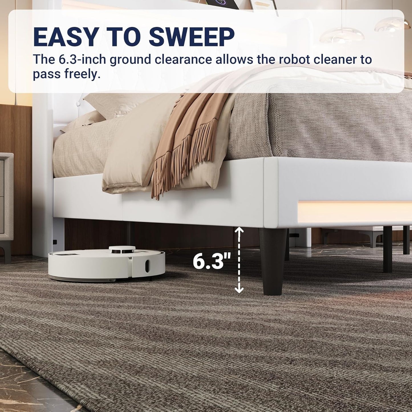 Upholstered Full Size Platform Bed Frame with LED Light and Charging Station, Button Tufted High Headboard, Wingback Design, Noise Free, Easy Assembly, No Box Spring Needed, White