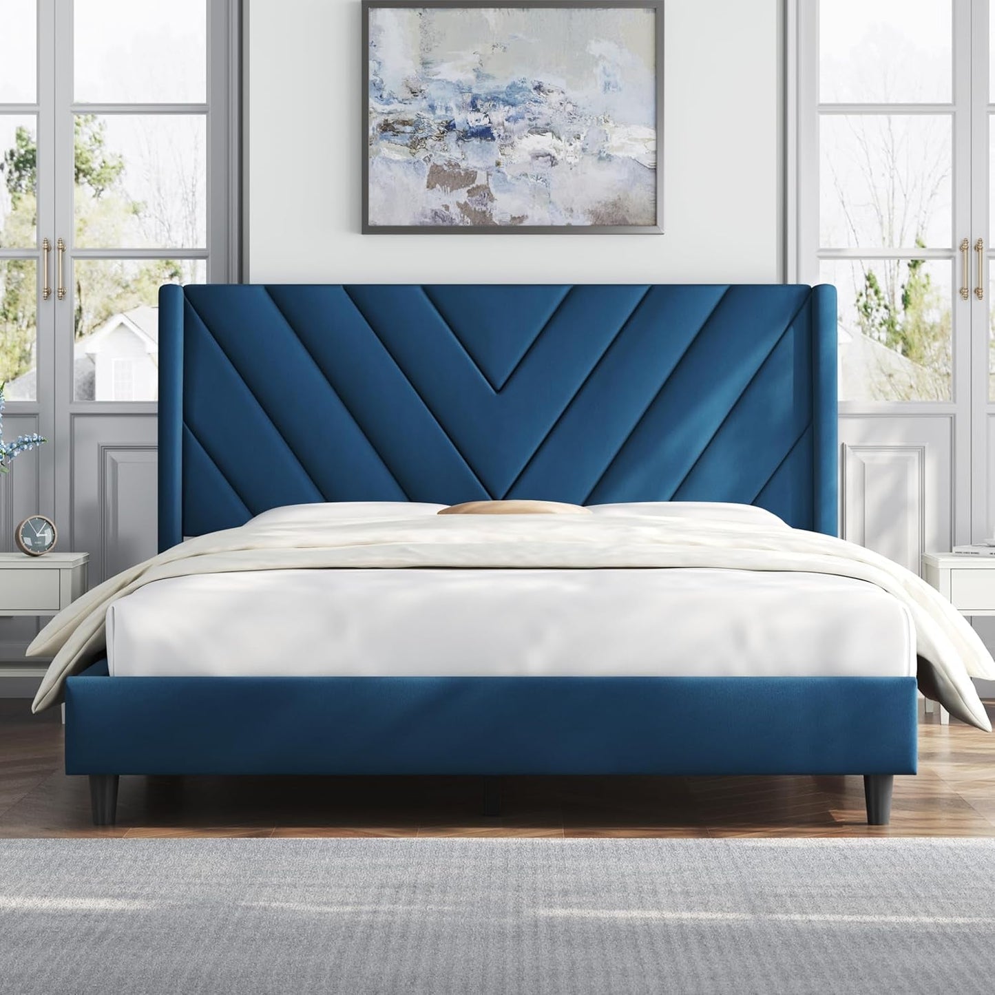 Queen Bed Frame Upholstered Platform Bed with Wing Side/Wooden Slat Support/Tufted Headboard with Wing Side/Mattress Foundation/No Box Spring Needed,Blue Queen Bed