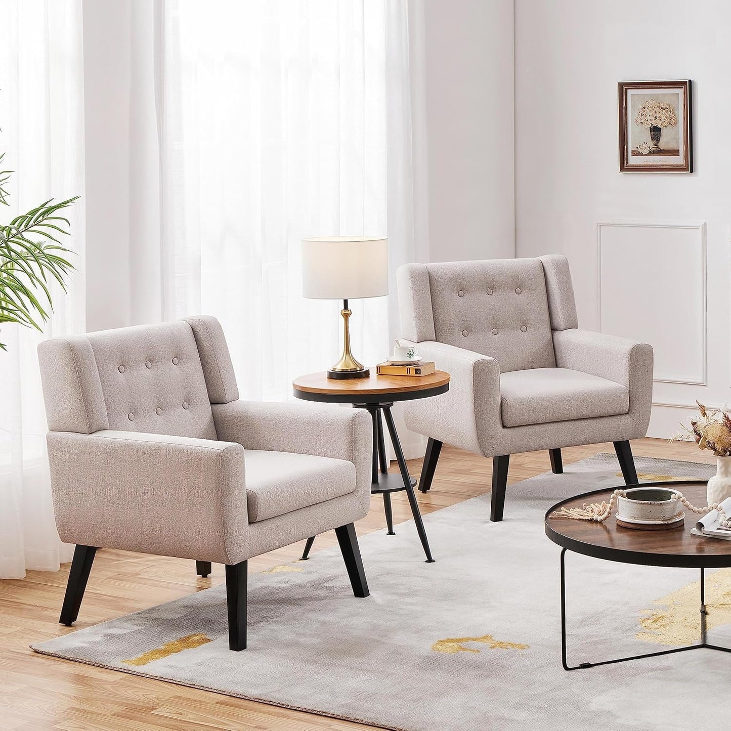 Accent Chairs Set of 2, Living Room Chairs Set, Beige Sofa Chairs, Linen Fabric Reading Chair, Modern Accent Chair for Bedroom Office Reading Nook, Beige