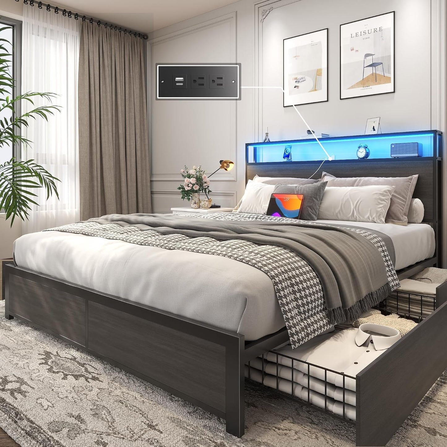 Queen Bed Frame with 2-Tier Storage Headboard, Metal Platform Bed Frame with 4 Storage Drawers, Built in Charging Station & LED, Noise-Free/Metal Support/No Box Spring Needed, Rustic Grey