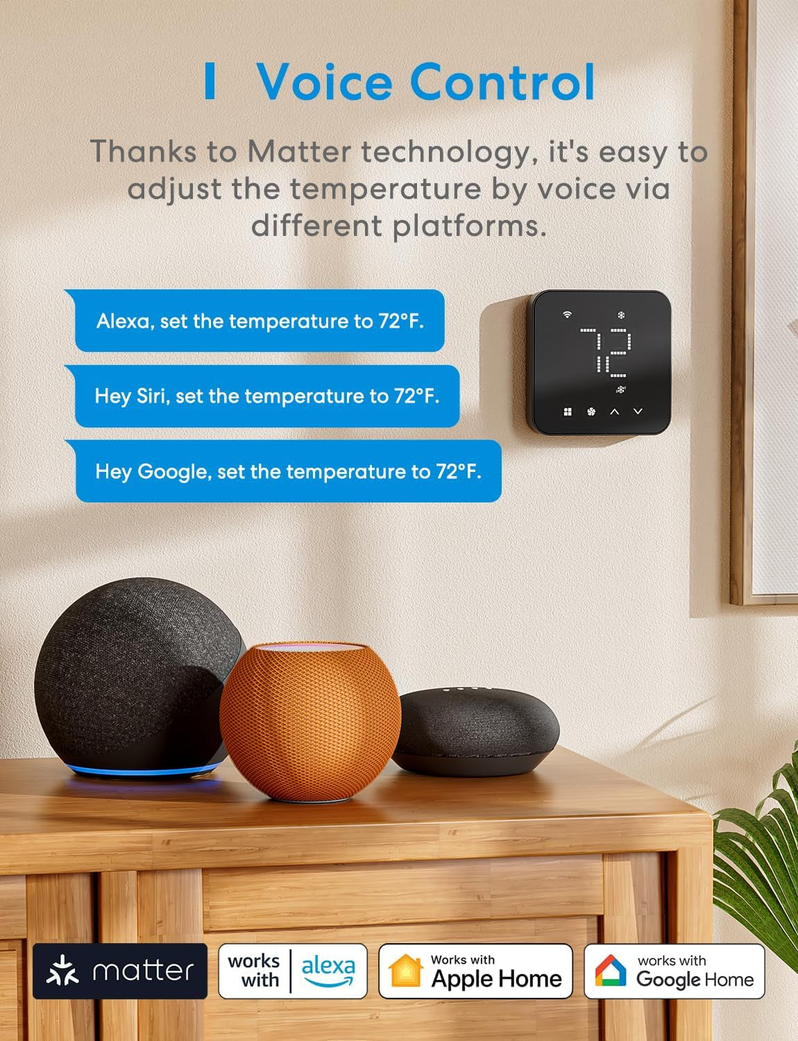 Smart Thermostat for Home, Wifi Thermostat Works with Matter, Alexa, Apple Home, Google Assistant, App & Voice Control, 7X24H Scheduling, Energy Saving, C-Wire Required