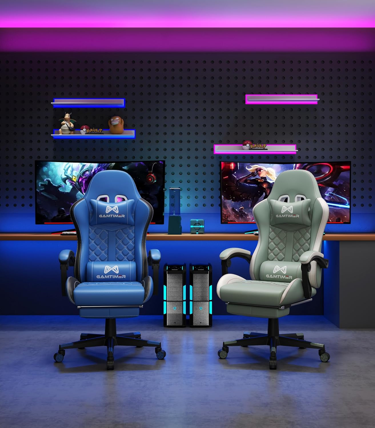 Office Chair, 400 Lbs Adult Chair, High Back Computer Chair with Footrest and Linked Armrests, Office Video Game Chair with Lumbar Support (Blue)