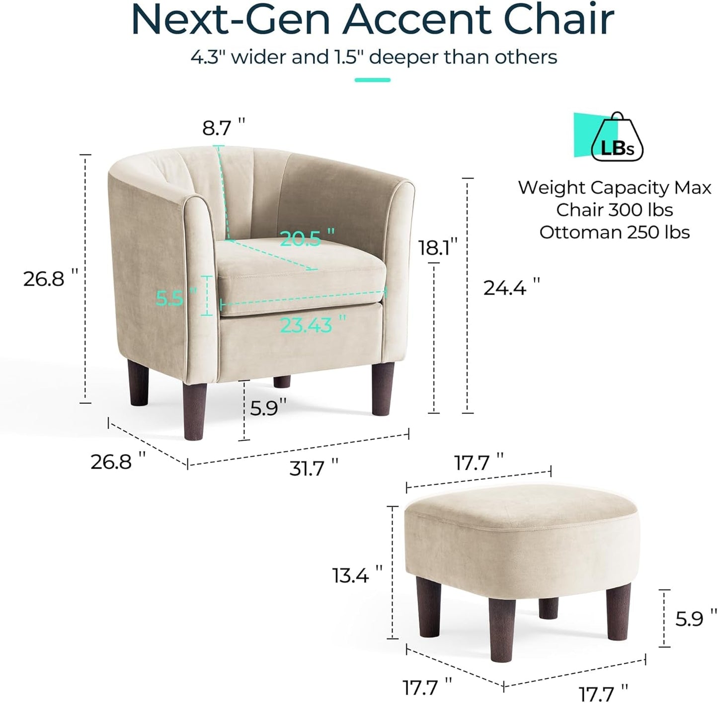 Accent Chair with Ottoman, Modern Armchair Comfy Barrel Reading Chair with Footrest for Living Room Bedroom Reading Room, Velvet, Beige