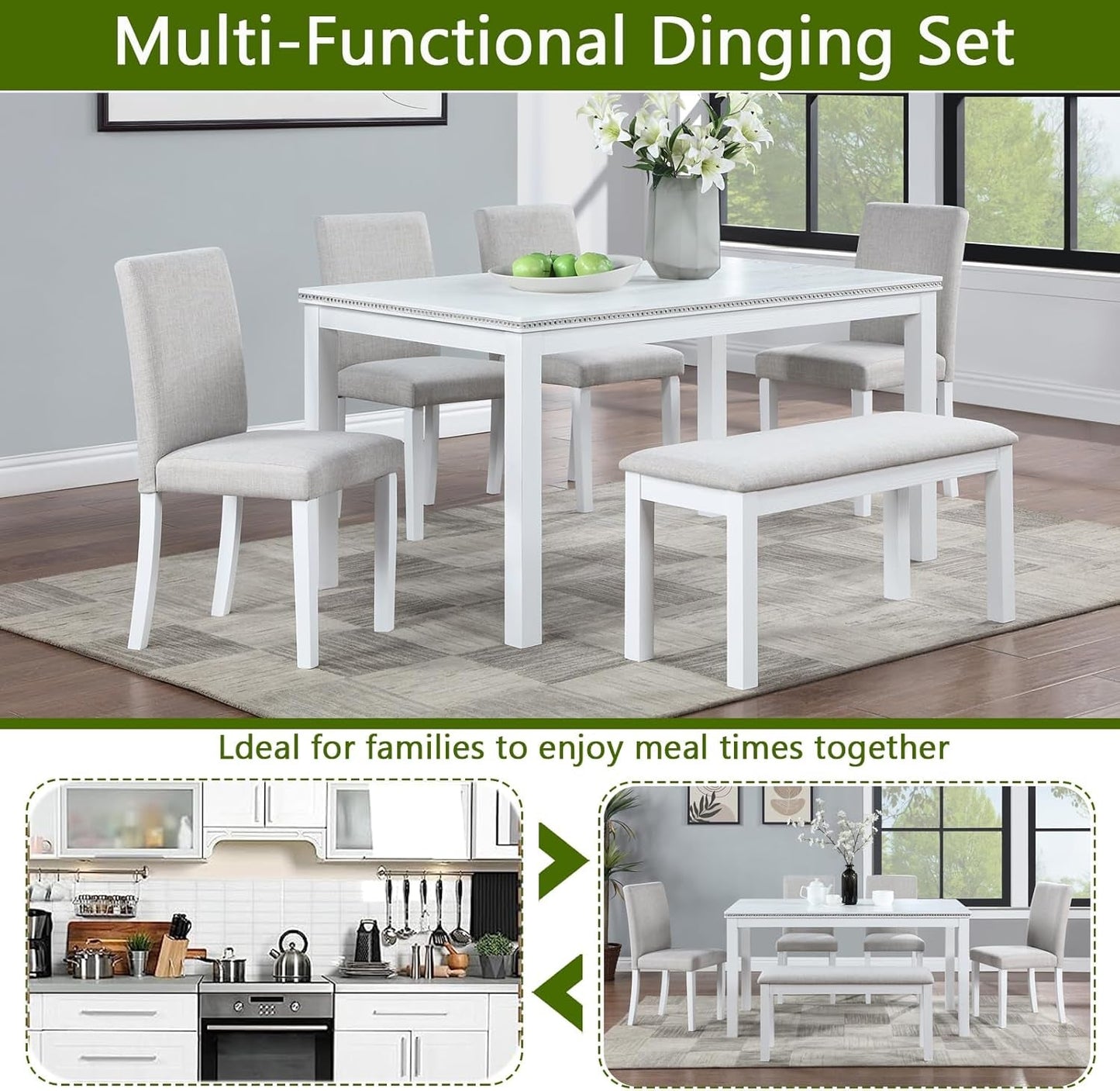 6 Piece Solid Wood Dining Set, Farmhouse Kitchen Table Set with 4 Upholstered Chairs & Bench for Kitchen, Dining Room, White