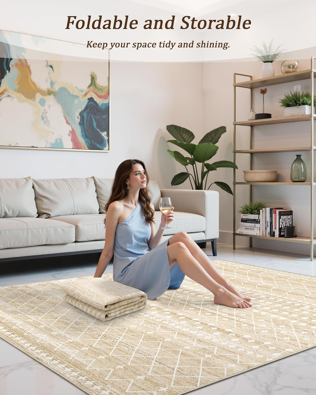 8X10 Area Rug for Living Room Moroccan Washable Rugs Non Slip Indoor Floor Carpet Foldable Large Soft Area Rug for Dining Room Bedroom with Low Pile(Beige,8'X10')