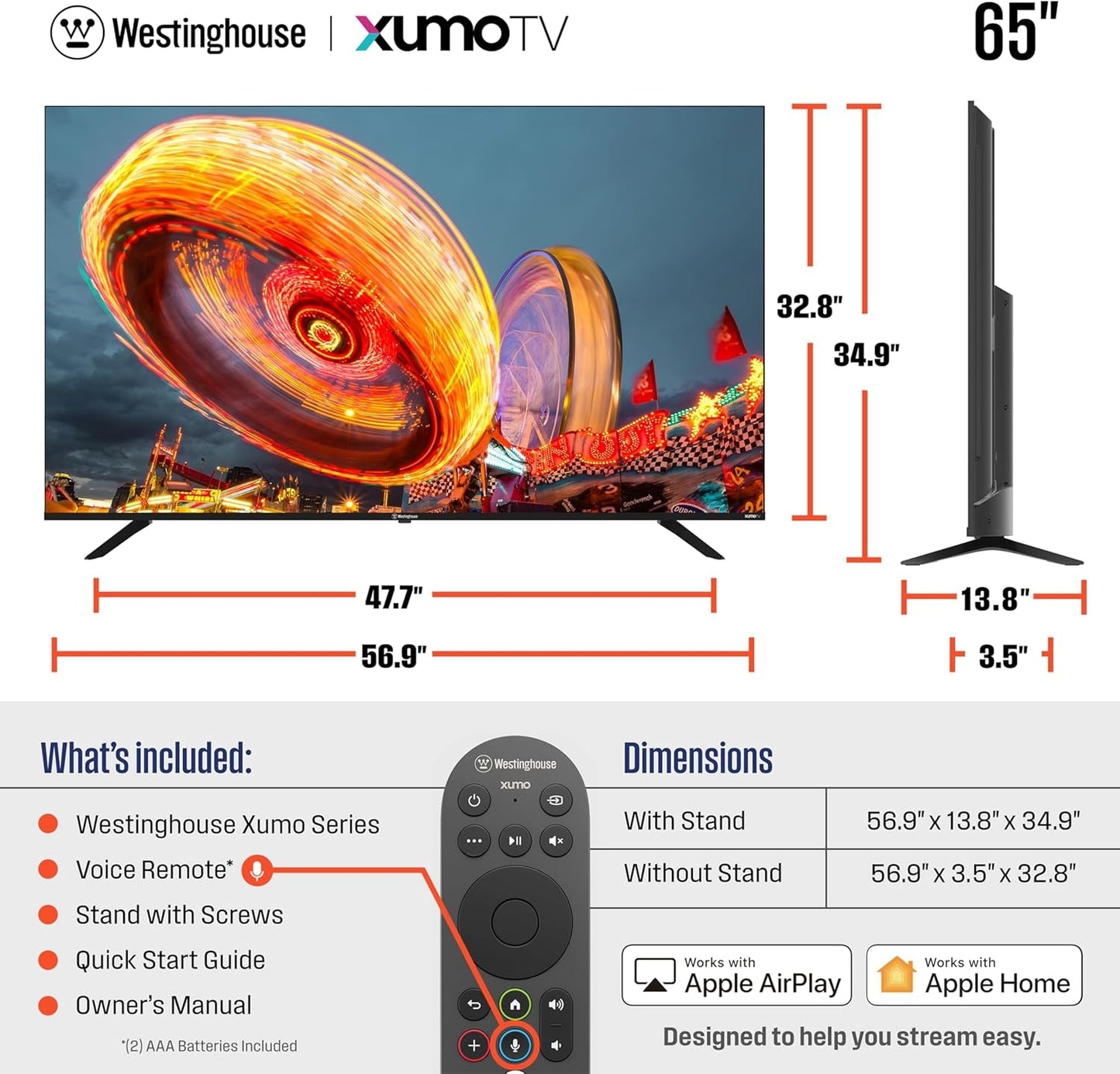 65-Inch Smart TV, 4K UHD Xumo TV W/ HDR10, Voice Remote, Dolby Vision, Edgeless, Flat Screen LED Television W/Apple Homekit, Wi-Fi & Mobile Connectivity