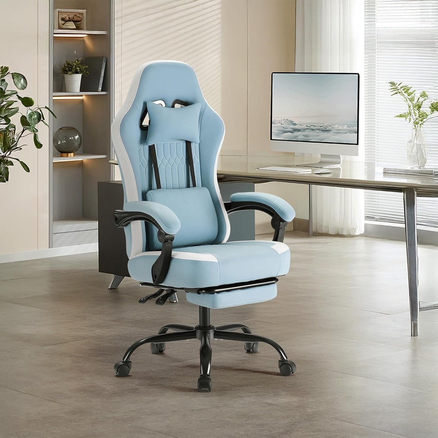 Office Chair - High Back Ergonomic Desk Chair with Footrest and Lumbar Support, Height Adjustable Task Chair with Linkage Armrests and Headrest, 360° Swivel Wheels, Blue