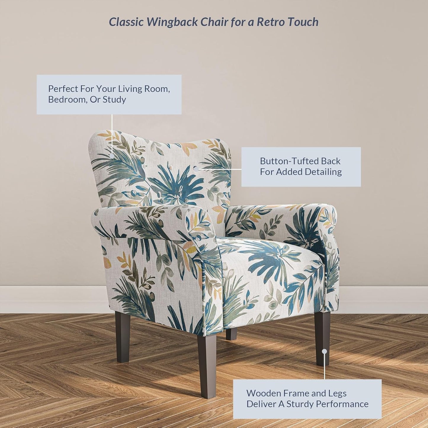 Modern Accent Chair, High Back Armchair, Upholstered Wingback Side Chair, Padded Single Sofa with Wooden Legs for Living Room, Bedroom - Green Blue Floral