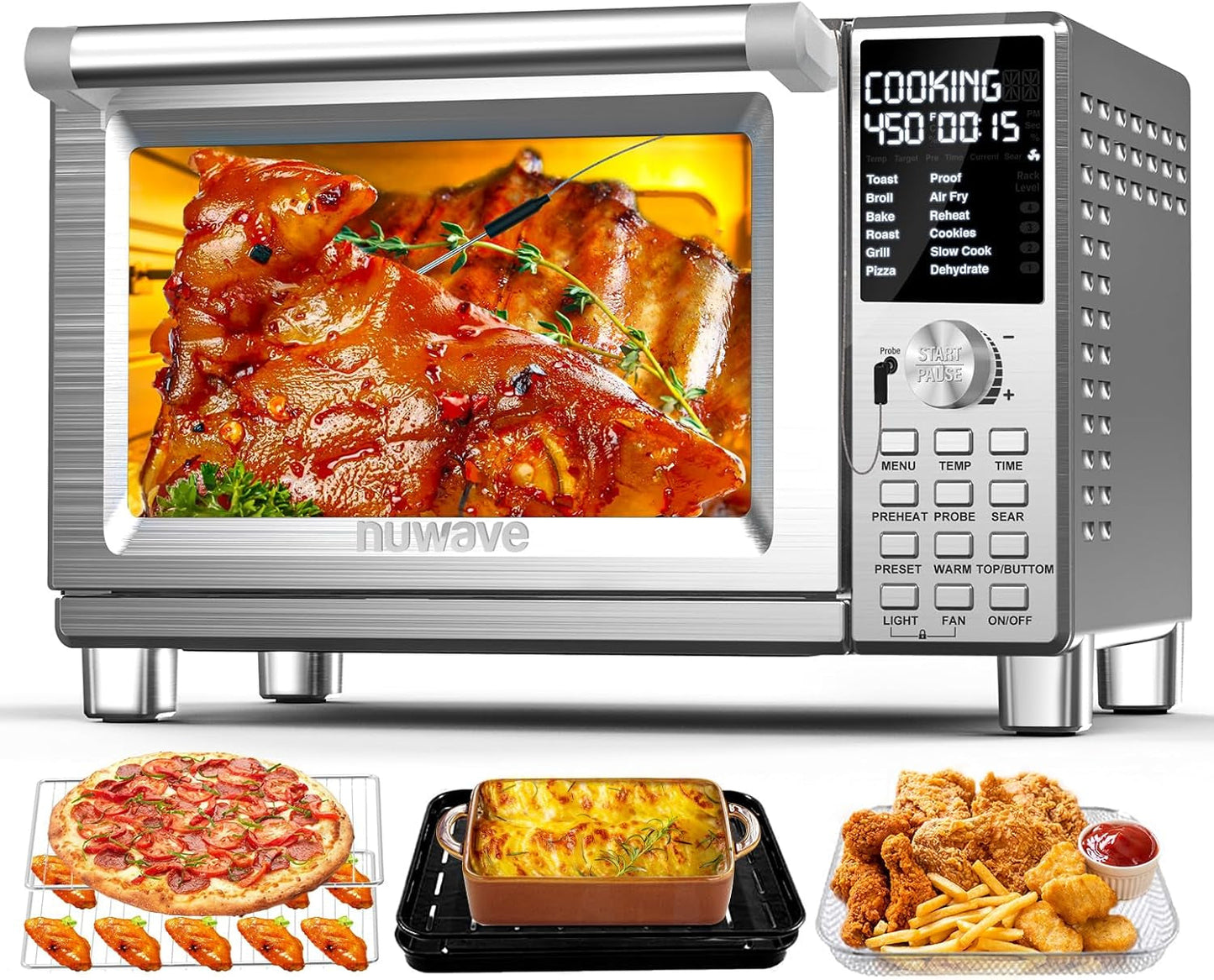Bravo Pro Smart Toaster Oven Countertop, True Air Fryer Combo W/Improved 100% Convection, 35% Crispier, 112 Presets, Customizable Pizza Zones, Integrated Probe, PFAS Free, 30QT, Stainless Steel