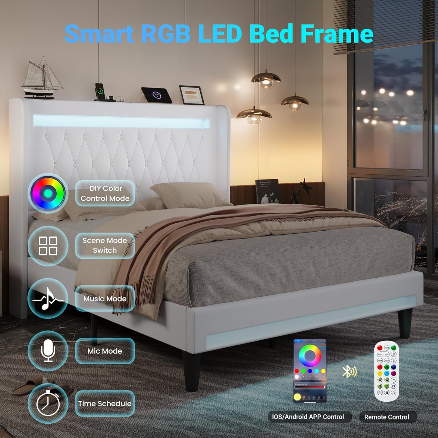 Upholstered Full Size Platform Bed Frame with LED Light and Charging Station, Button Tufted High Headboard, Wingback Design, Noise Free, Easy Assembly, No Box Spring Needed, White
