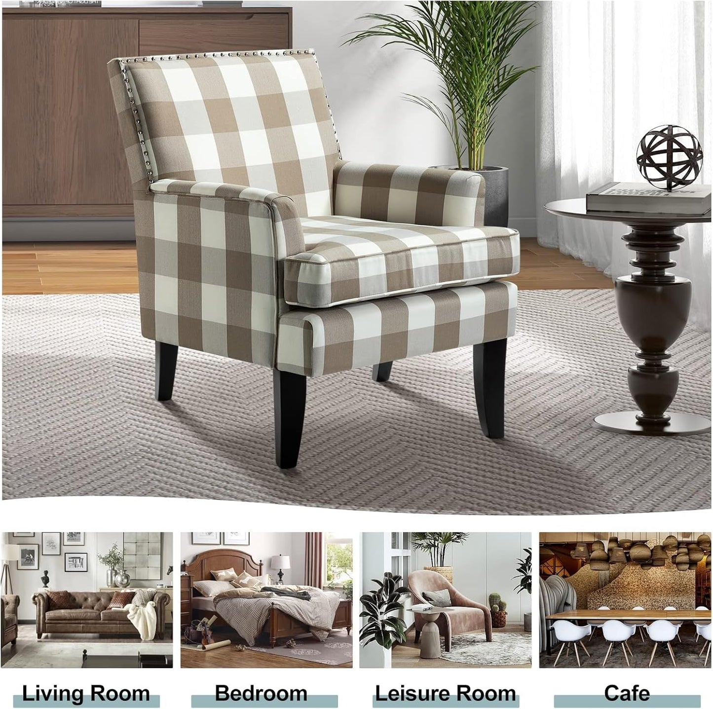 Modern Accent Chair with Arms and Wooden Legs, Mid Century Accent Chair Armchair High Back Rest, Padded Armrest and Comfortable Cushioned Seat for Living Room (Buffalo Beige)