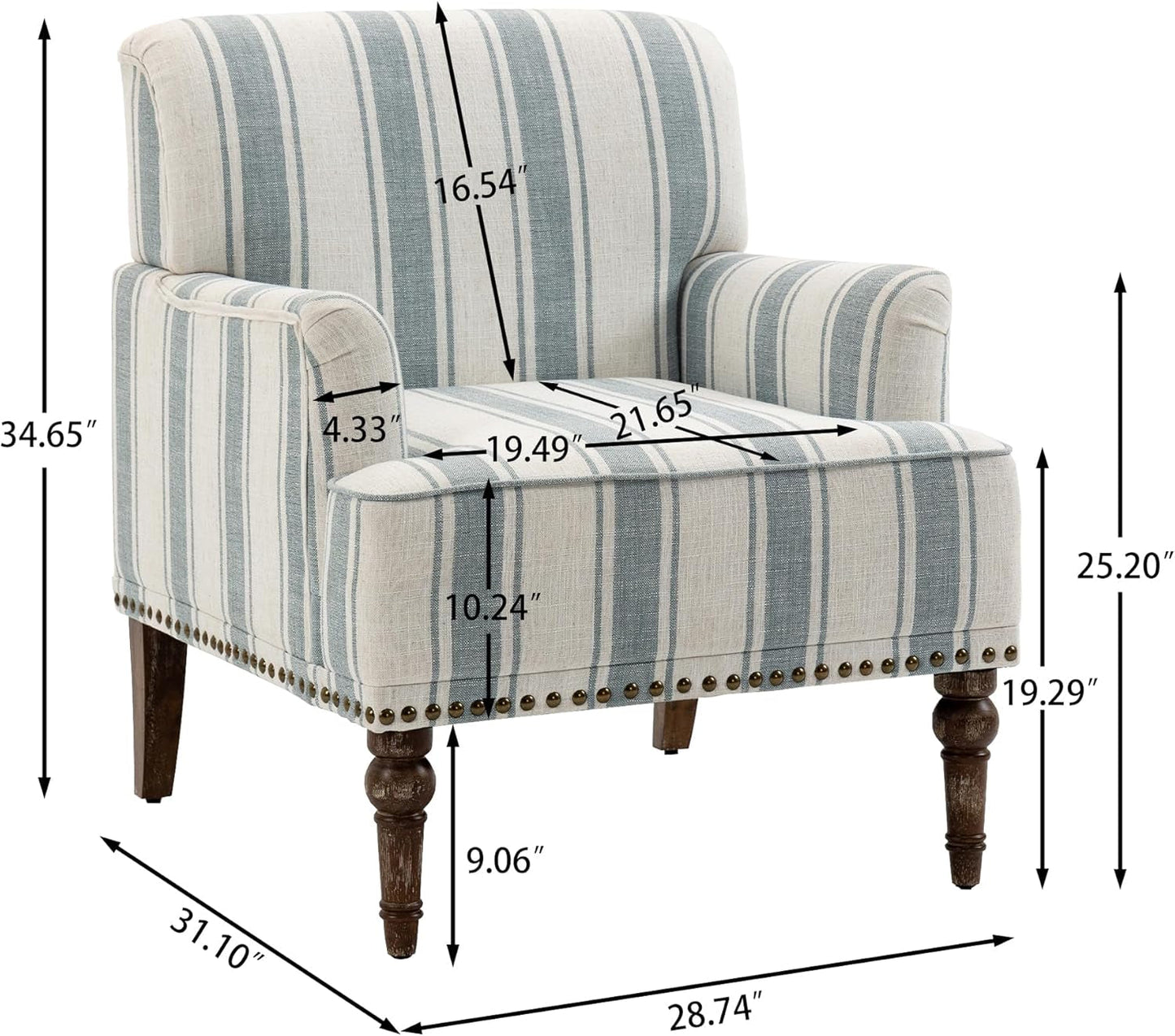 Stripe Accent Chair, Living Room Arm Chairs Modern Nailhead Trim Club Armchair with Wood Legs, Comfy Upholstered Sofa Lounge Seat Reading Seat Bedroom Side Seating for Home Office, Blue