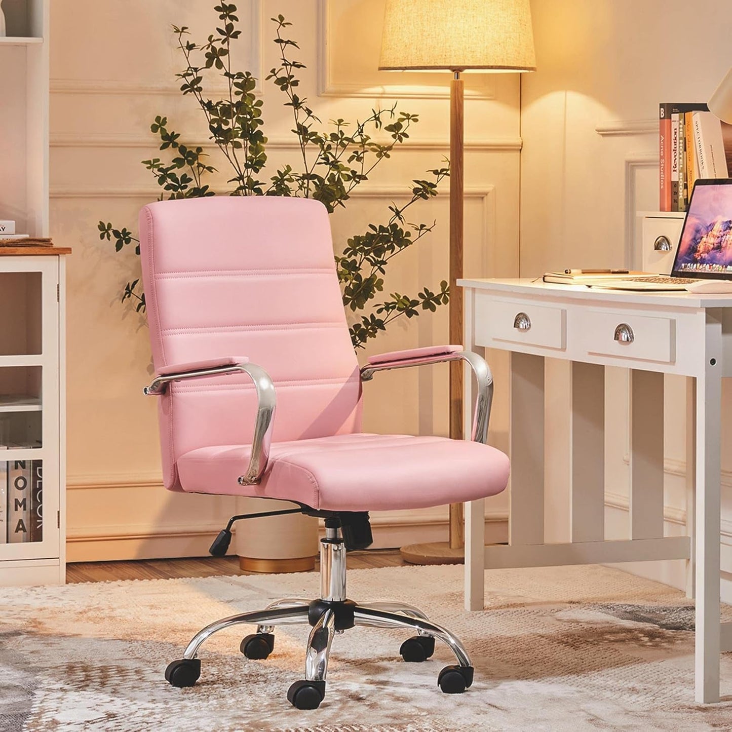 Mid-Back Office Chair with Arms Swivel PU Leather Height Adjustable Office Executive Chair, Pink