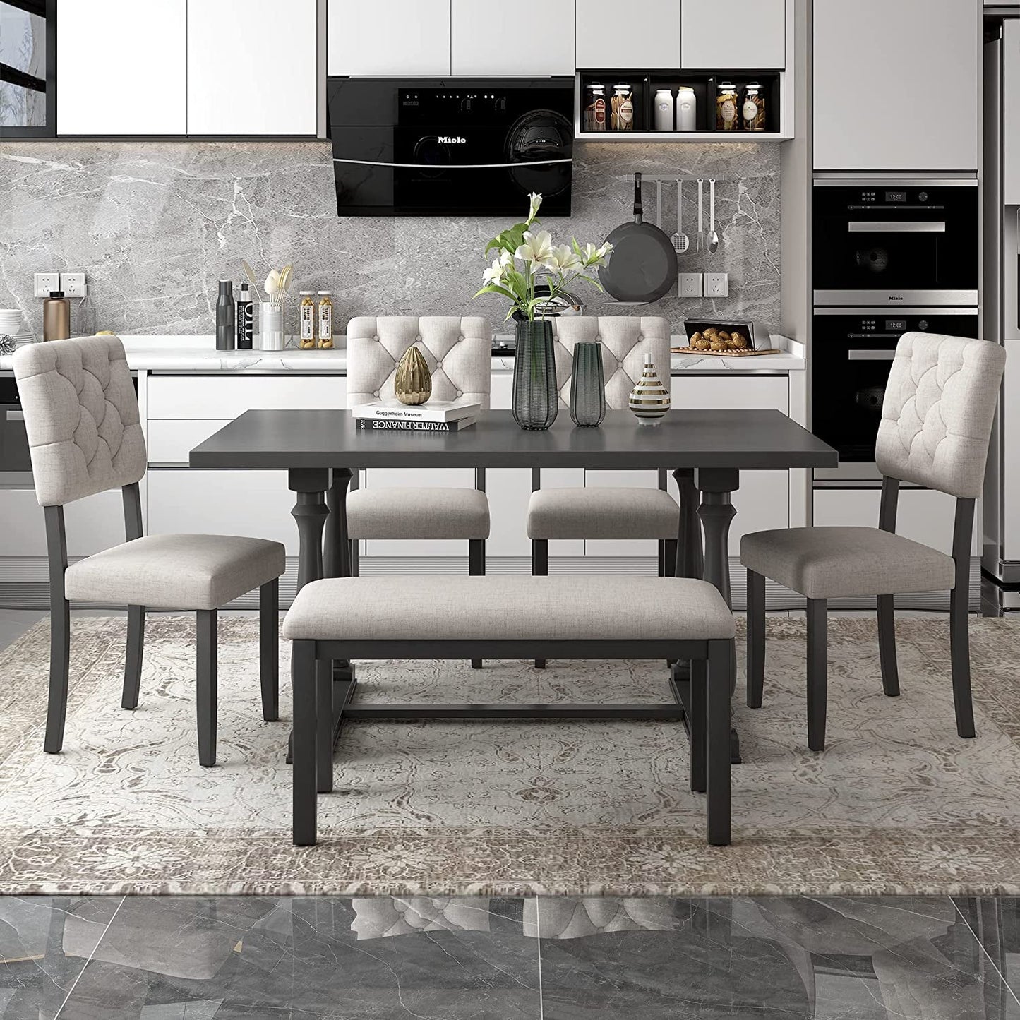 6 Piece Kitchen Dining Table Set, Wooden Rectangular Dining Table with Upholstered Bench and 4 Chairs, Dining Room Table Set for 6 People, Living Room Furniture (Gray, Beige Cushions)