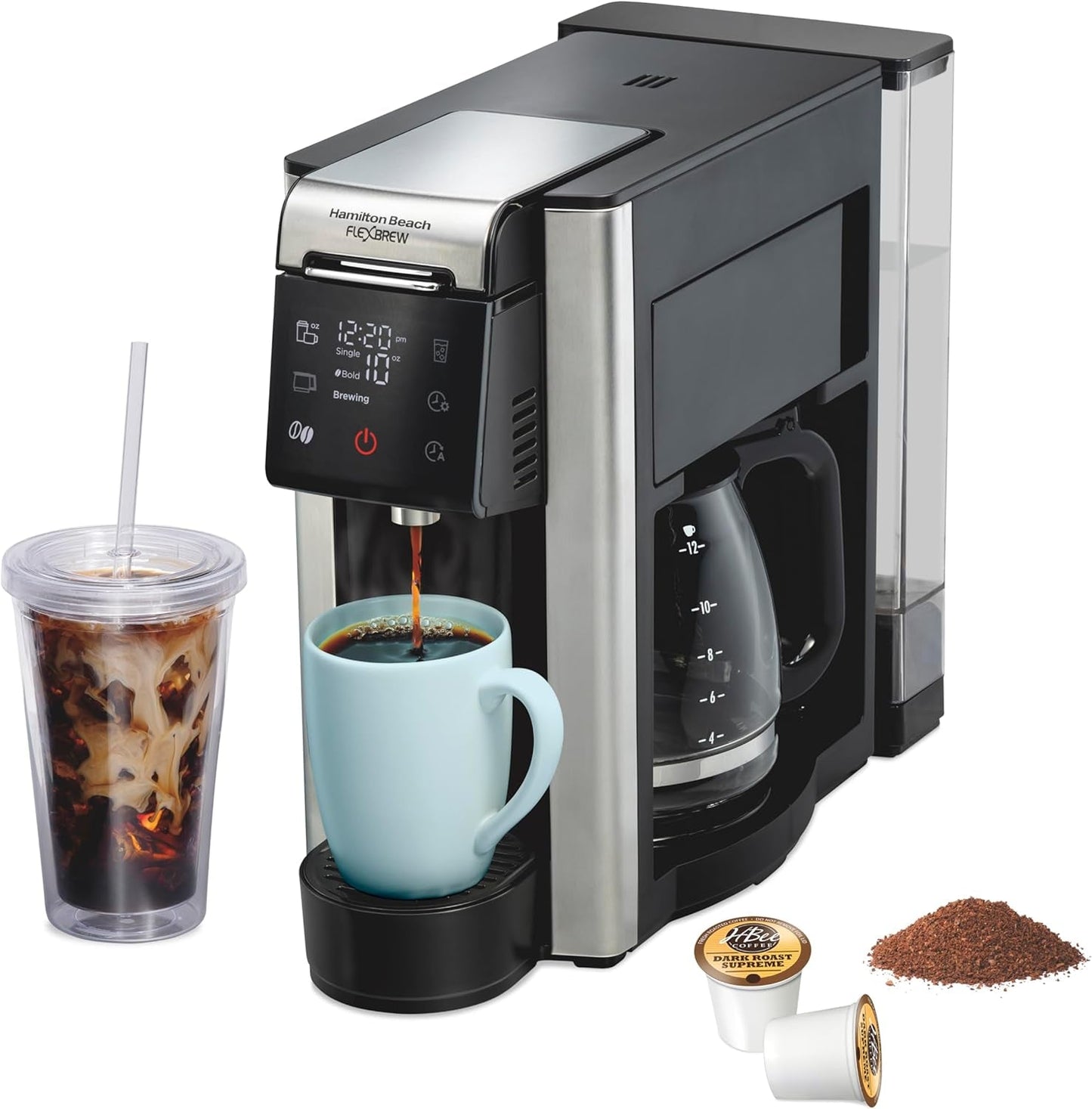 Flexbrew Advanced 5-In-1 Programmable 12 Cup Drip and Single Serve Hot & Iced Coffee Maker with Movable 60 Oz. Water Reservoir, Use Pod Packs and Grounds, Fast Brewing, Black (49924)