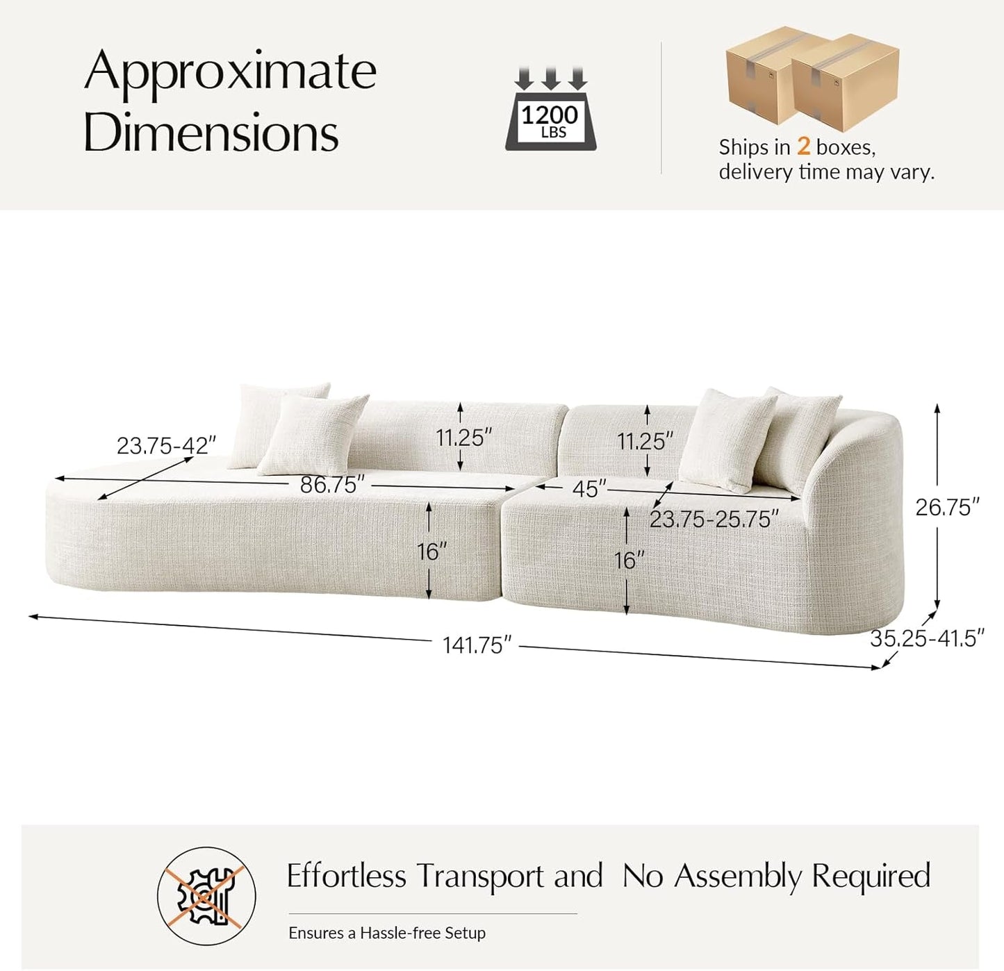 142'' Boneless Modular Sectional Couch, Oversized 4 Seater Curved Sofa with 4 Throw Pillows, Compressed Foam Chenille Sofa for Living Room, No Assembly Required, Ivory