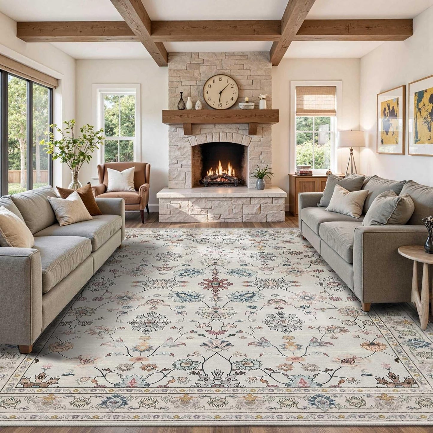 9X12 Rugs for Living Room & Bedroom,Floral Washable Rug,Boho Area Rug, Large Non Slip Low Pile Wool Carpet for Indoor Dining Room,Girls Room,Nursery Room and Kids Room(Grey 9X12Ft)