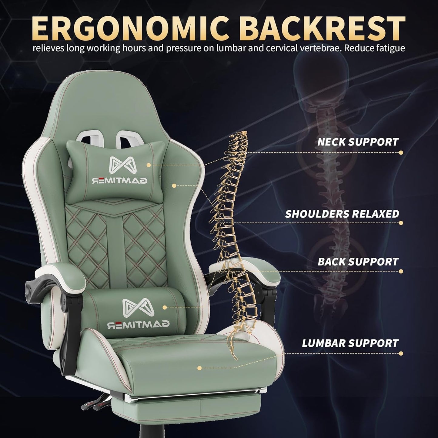 Office Chair, 400 Lbs Adult Chair, High Back Computer Chair with Footrest and Linked Armrests, Office Video Game Chair with Lumbar Support (Green)