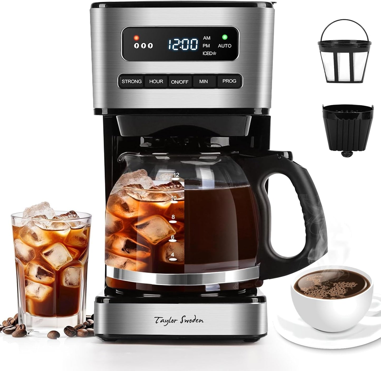 Programmable Coffee Makers 12 Cup, Hot and Iced Coffee Maker, 4 Brew Strength, LED Display, 24H Timer, Keep Warm&Auto Shutoff- Drip Coffee Machine for Home/Office, Black &Stainless Steel