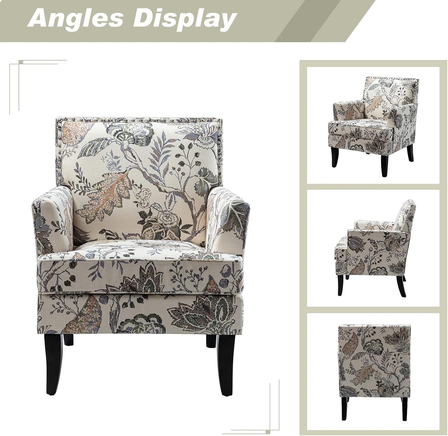 Modern Accent Chair with Arms and Wooden Legs, Floral Patterned Accent Chair Armchair High Back Rest, Padded Armrest and Comfortable Cushioned Seat for Living Room (Orange Grey Floral)
