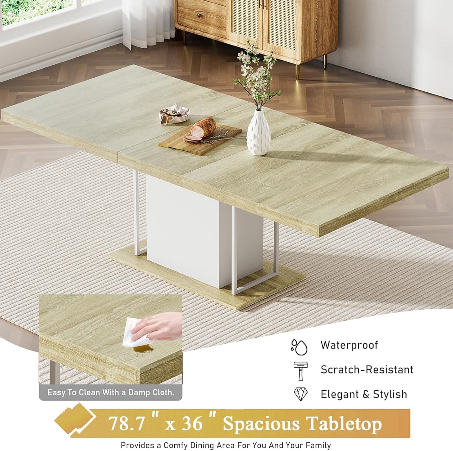 78.7" Farmhouse Extendable Dining Room Table Set for 8, 9-Piece Rectangle Kitchen Dining Room Table Set with Wood Base and 8 Beige Velvet Dining Chairs, Extending Kitchen & Dining Table Set