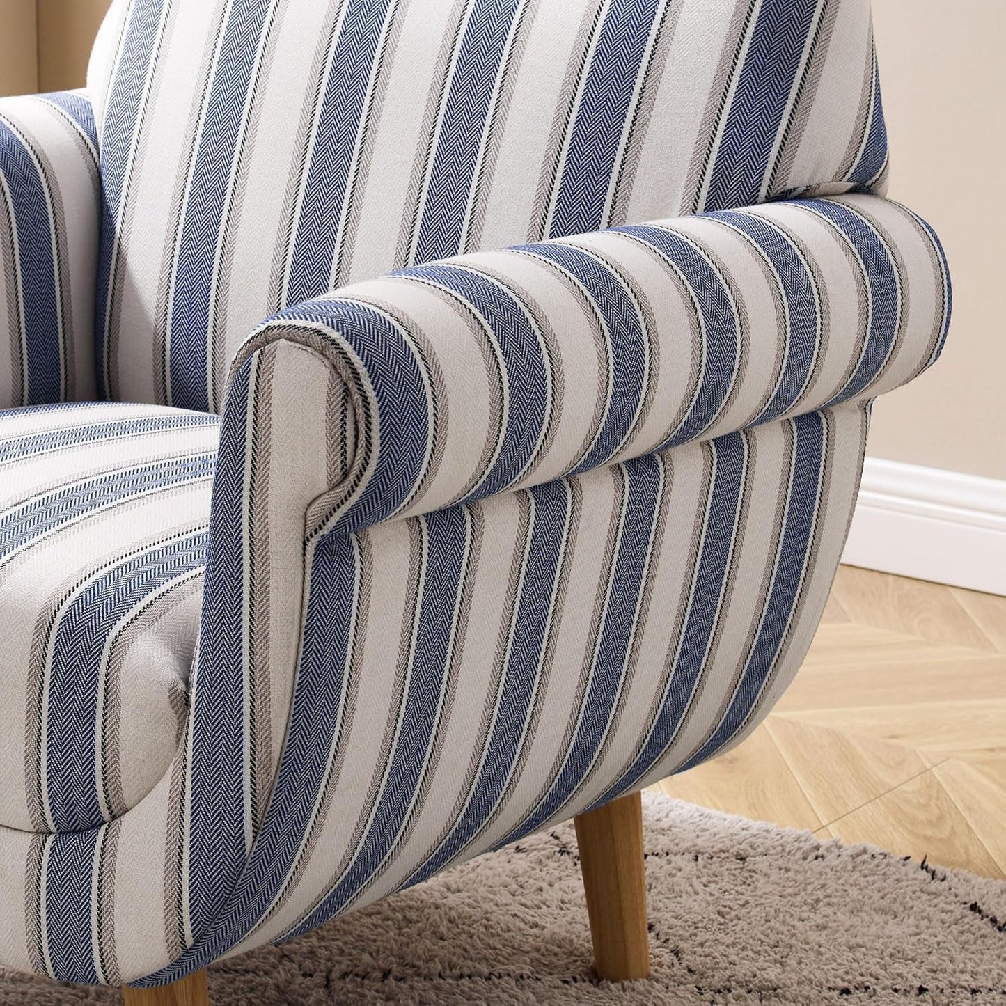 Mid-Century Accent Chair with Stripe Pattern, Modern Linen Fabric Armchair with Wood Legs, Club Chair for Living Room, Comfy Upholstered Side Chairs for Bedroom, Reading, Small Place (Navy)