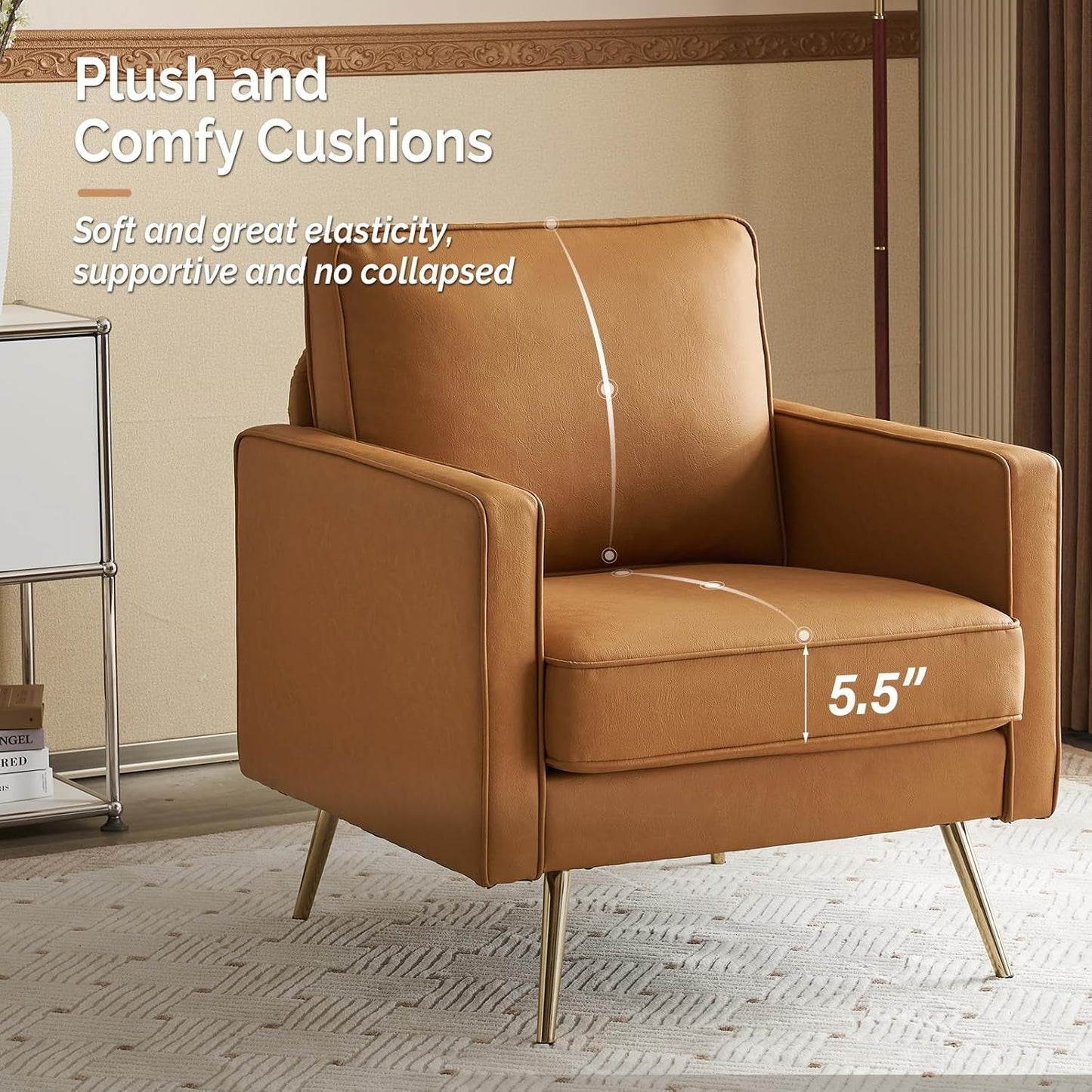 Living Room Chairs Set of 2, Brown PU Leather Accent Chair Mid Century Modern Upholstered Sofa Chairs with Arms, Gold Legs for Living Room, Bedroom, Apartment