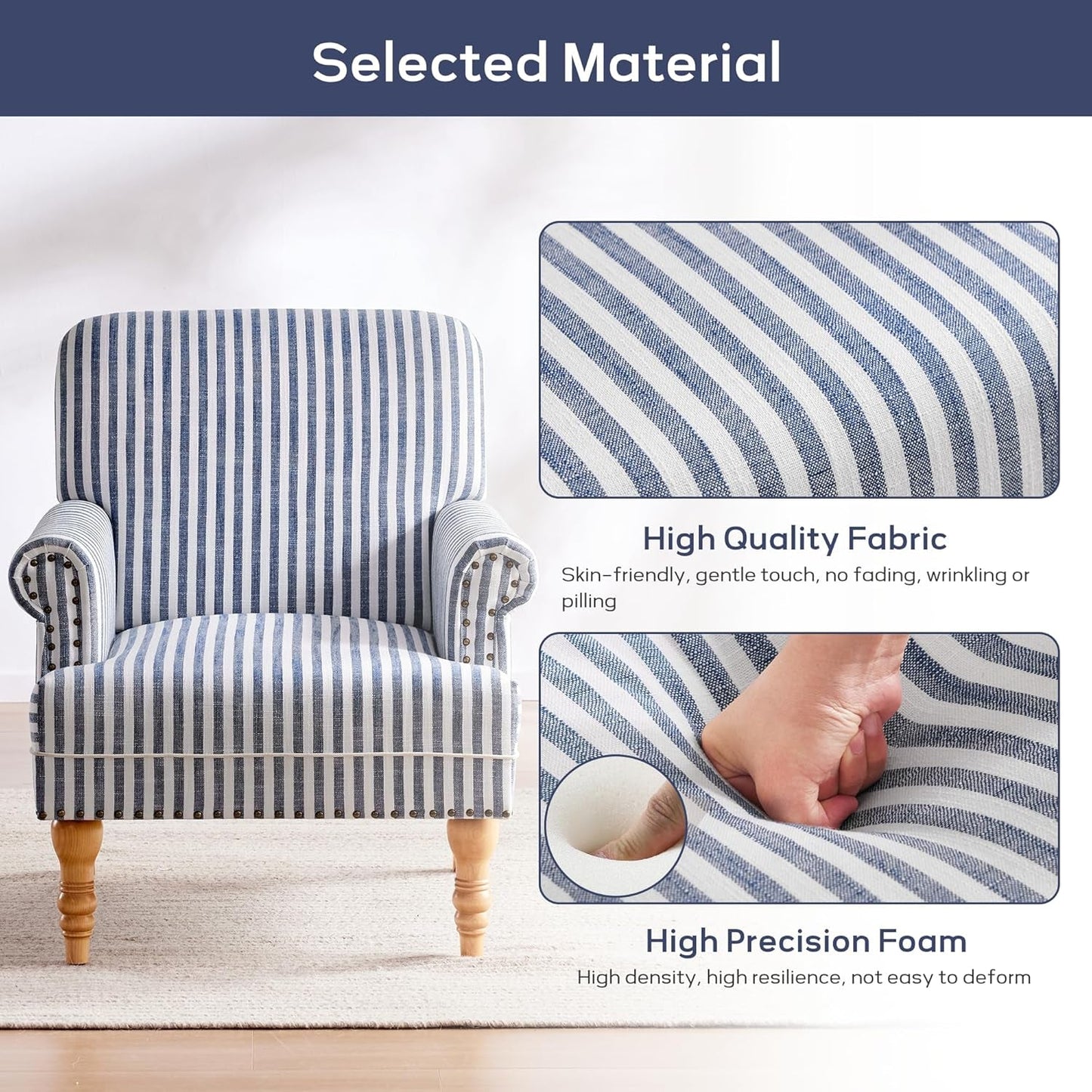 Linen Fabric Accent Chair, Mid-Century Modern Armchair with Solid Wood Legs, Single Sofa Chair,Upholstered Reading Club Chair (1, Dark Blue and White Stripe)