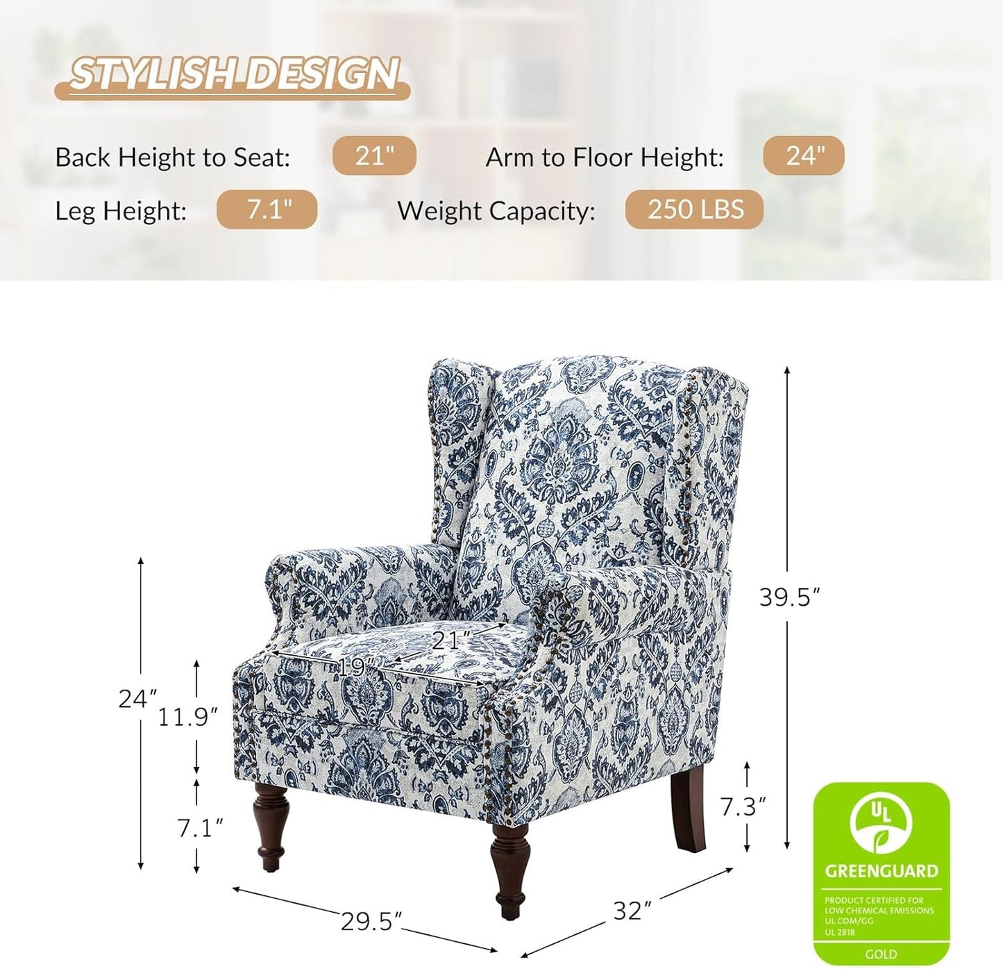 Wingback Accent Chair with Floral Pattern Design, Traditional Fabric Armchair with Nailhead Trim and Retro Wooden Legs, Navy