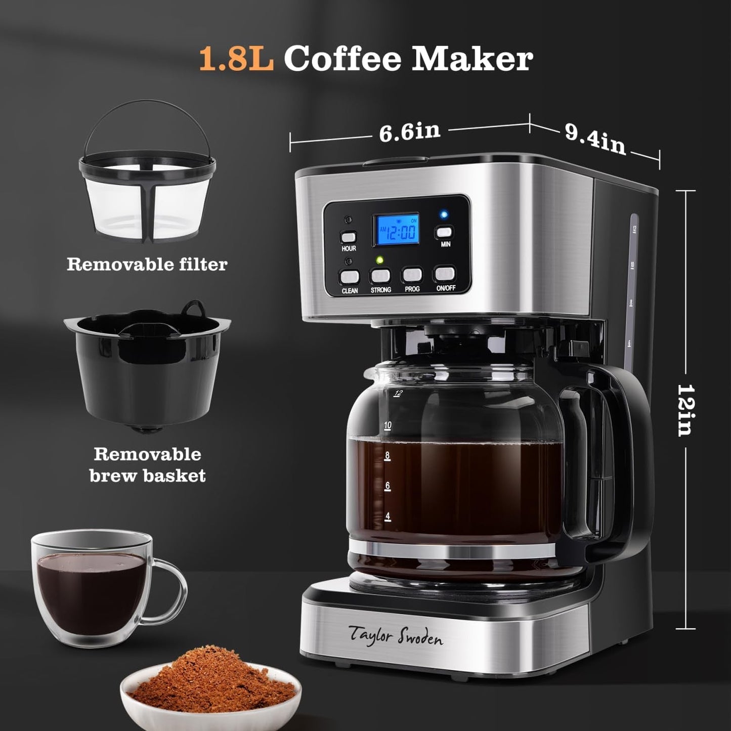 12-Cup Programmable Coffee Maker, Regular & Strong Brew Drip Coffee Machine for Home and Office, Glass Carafe, Pause & Serve, Auto Shut Off, Black & Stainless Steel