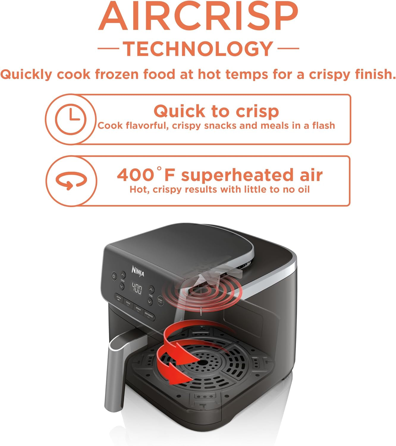 | Air Fryer | 4-In-1 Pro Air Fry, Roast, Reheat, Dehydrate | 5QT Capacity Fits up to 4Lbs of French Fries | 400F Max Temp | Nonstick Basket & Crisper Plate | 120V | Grey | AF141