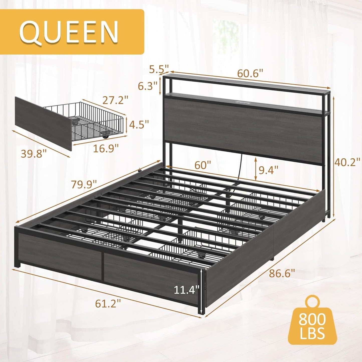Queen Bed Frame with 2-Tier Storage Headboard, Metal Platform Bed Frame with 4 Storage Drawers, Built in Charging Station & LED, Noise-Free/Metal Support/No Box Spring Needed, Rustic Grey