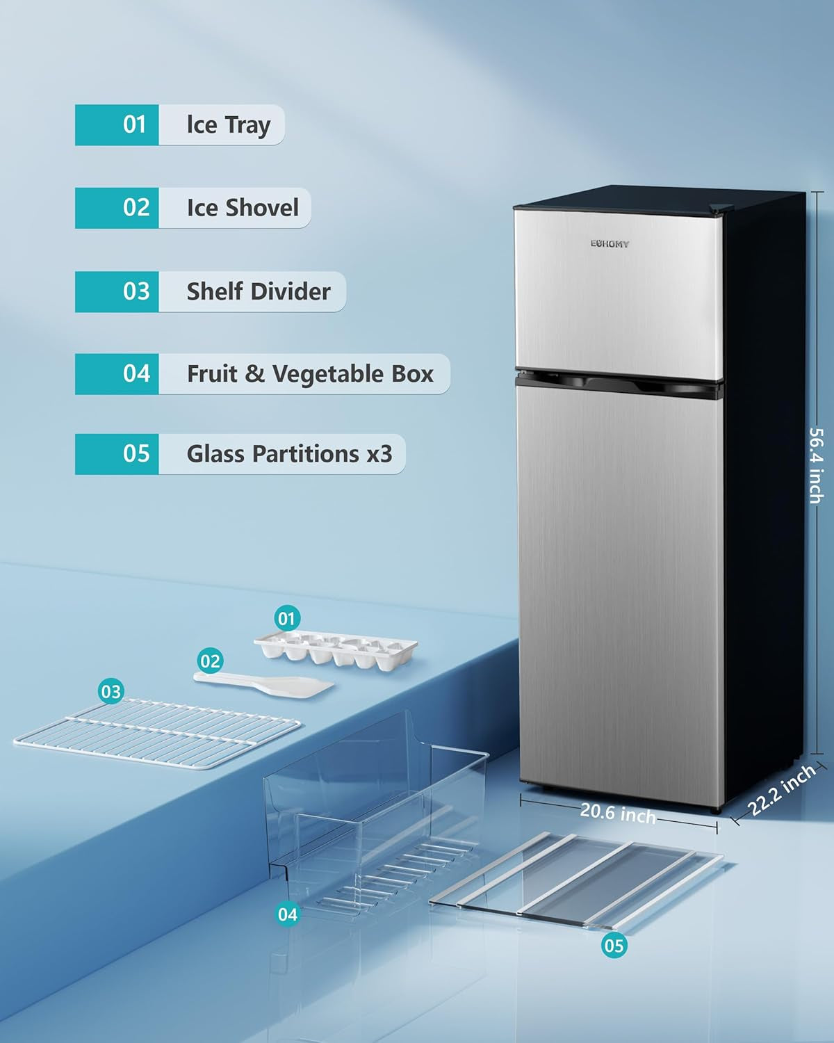 7.4 Cu.Ft. Refrigerator with Freezer, 2 Door Fridge, Large Capacity,Adjustable Thermostat, Refrigerator for Kitchen/Dorm/Apartment/Garage - Food Storage or Cooling Drinks, Silver
