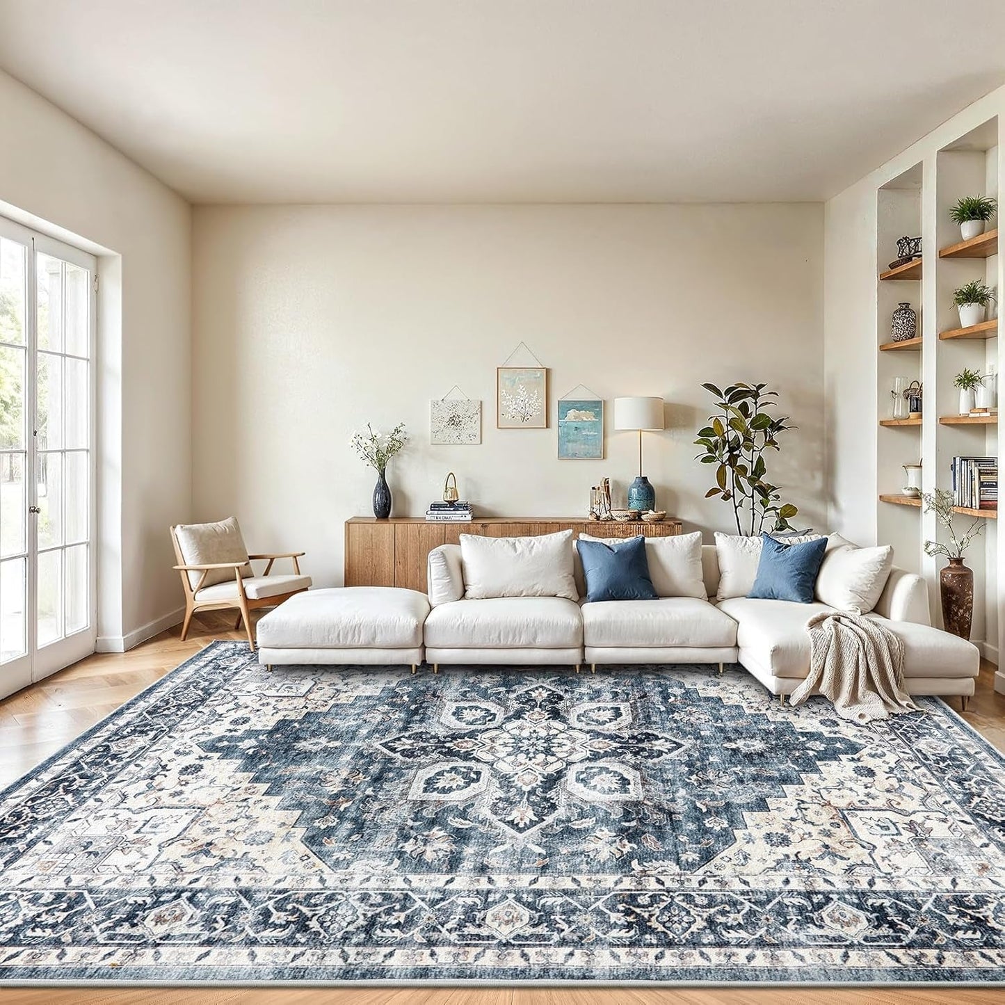 8X10 Washable Area Rug, Low-Profile Large Area Rug with Non-Slip Backing & Durable Edge Binding, Vintage Large Rugs for Living Room, Bedroom, Dinning Room