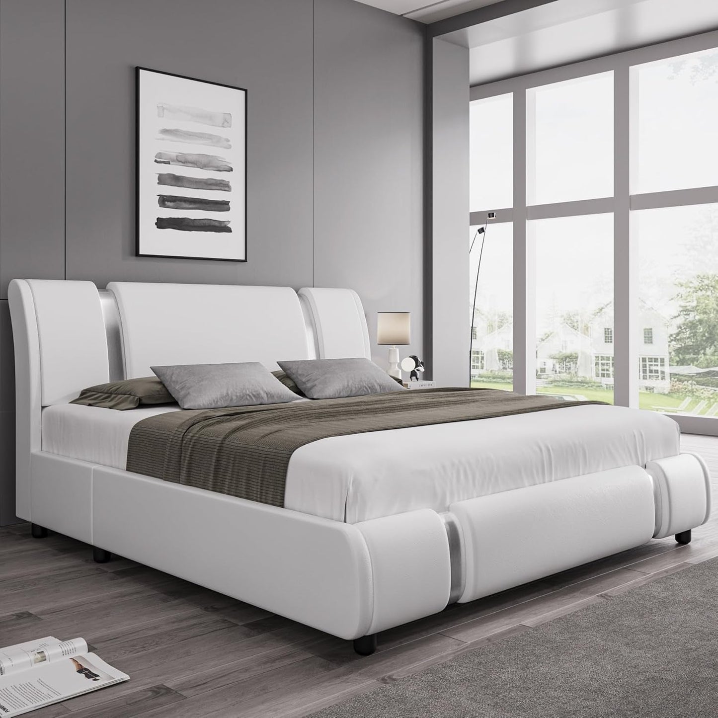 Modern Faux Leather Upholstered Platform Bed Frame with Mirror Metal Decoration Headboard, Curved Headboard, Wooden Slats Support, No Box Spring Needed, Queen Size, White