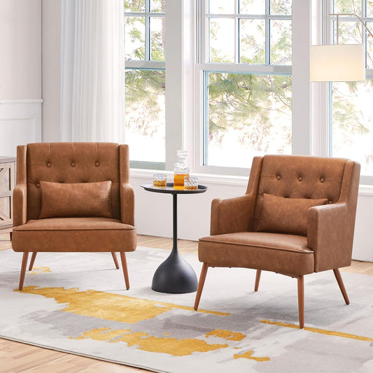 Accent Chair, Living Room Chair Mid Century PU Leather Armchair Lumbar Pillow, Comfy Upholstered Reading Chair Wood Leg Bedroom Brown 2PCS