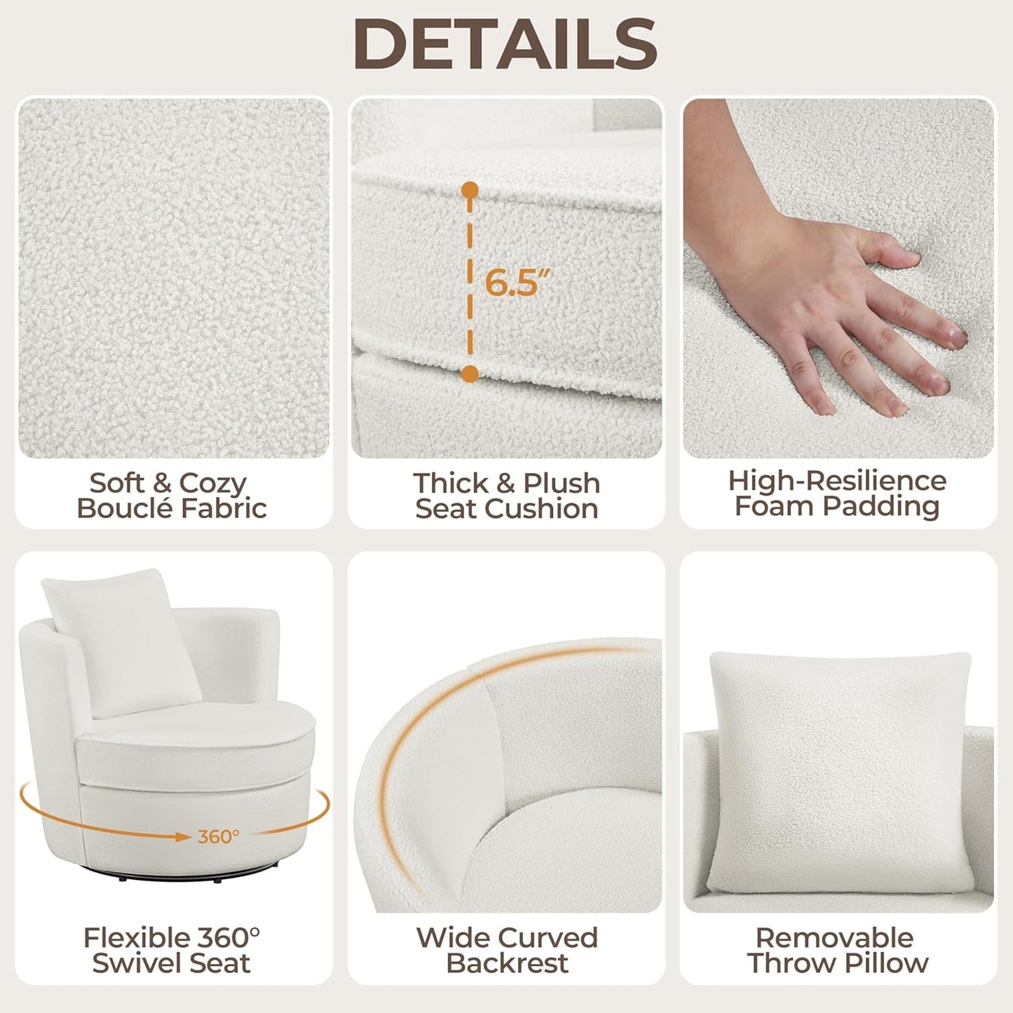 Swivel Barrel Accent Chair, 360 Degree Swivel round Chairs with Removable Throw Pillow, Soft Boucle Single Arm Sofa for Living Room Bedroom Reading, White