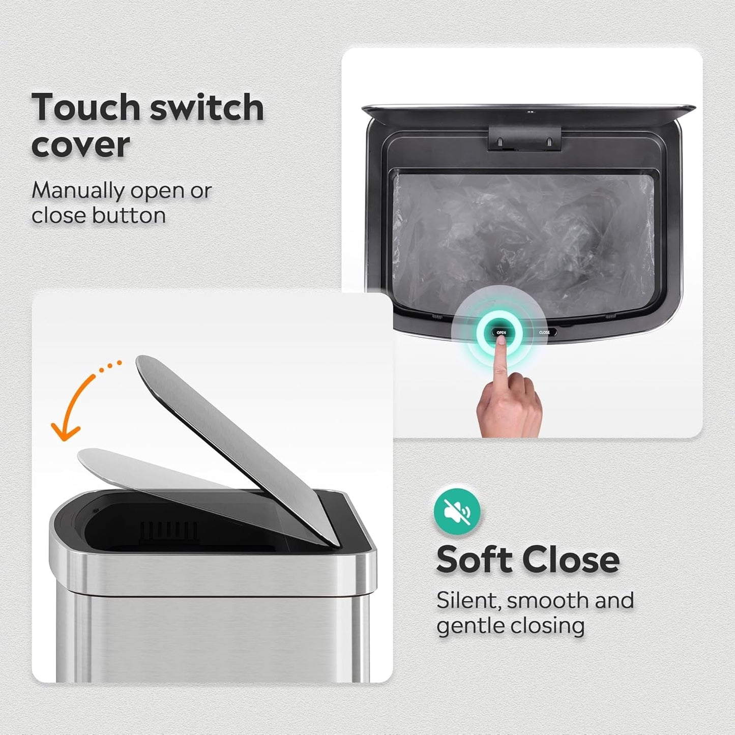 16 Gallon Motion Sensor Trash Can, 60 Liter Automatic Kitchen Trash Can with Soft Close Lid, Touchless Electronic Smart Stainless Steel Waste Bin for Kitchen, Office, Silver