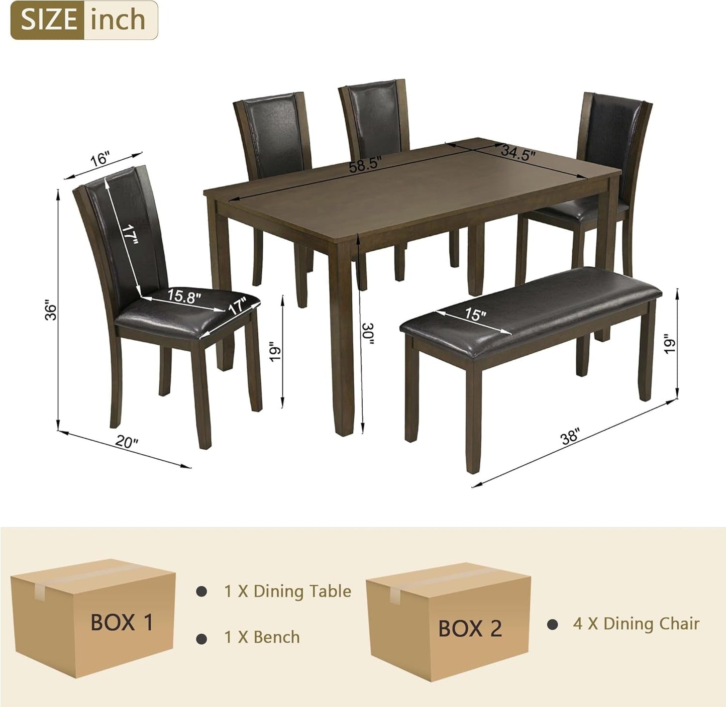 6-Piece Dining Table Set with Bench and Chairs - Solid Wood Kitchen Dining Room Table Set in Farmhouse Rustic Style, Table Set for 6 with 4 Chairs and Bench Seat.(Dark Walnut_Large)