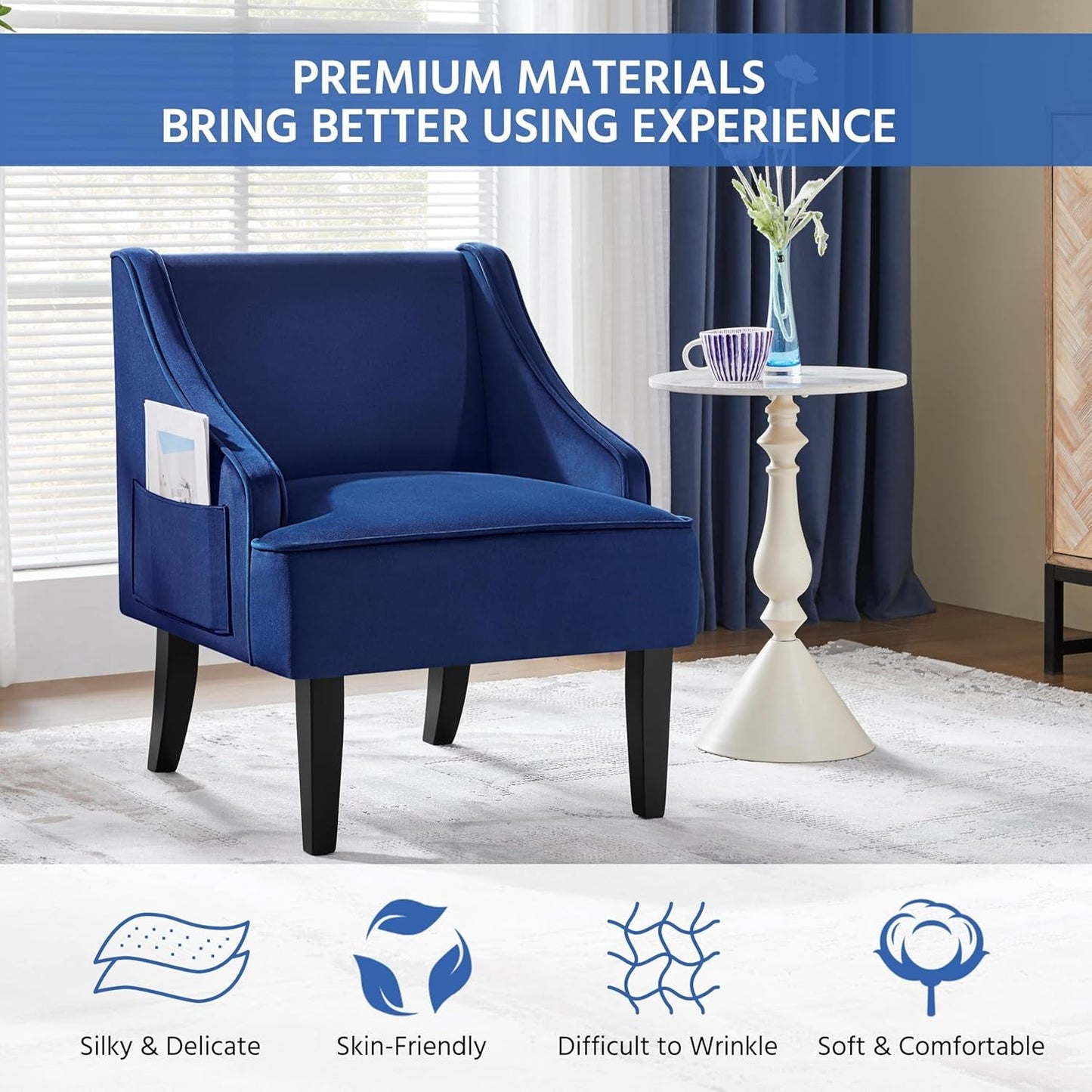 Living Room Chair, Accent Chair with Storage Side Pocket, Armchair with Wide Seat and Rubberwood Legs for Living Room Bedroom Reception Room, Blue