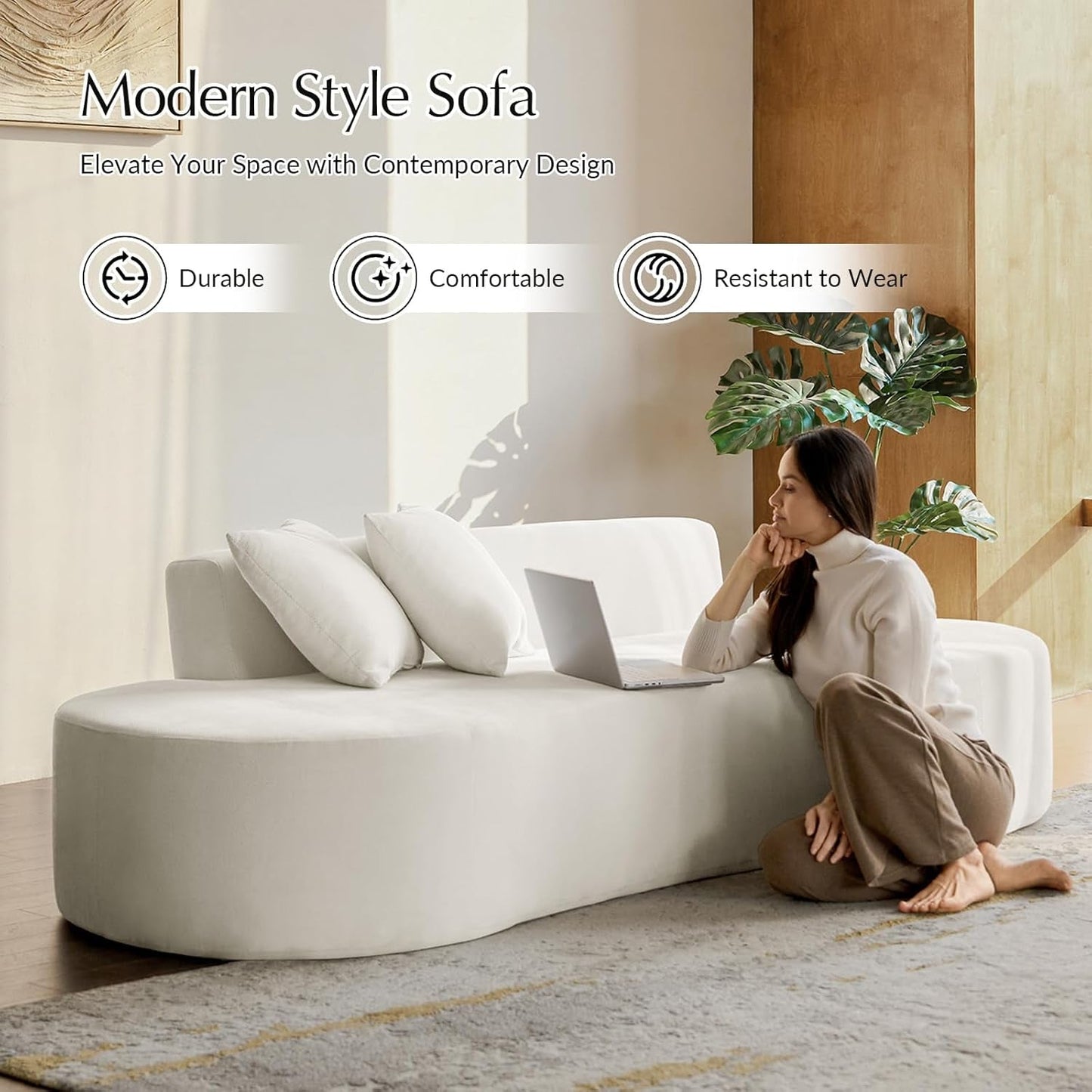 94.5" Curved Boneless Couch with Two Pillows, Oversized 3 Seater Compressed Foam Sofa with Deep Seat, Modern Cloud Couch for Living Room, No Assembly Required, Ivory