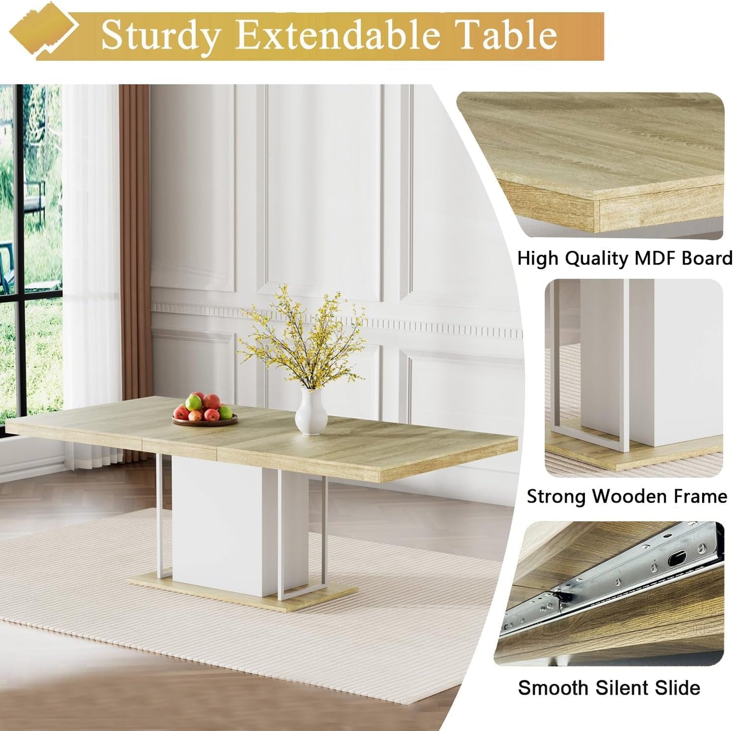 78.7" Farmhouse Extendable Dining Room Table Set for 8, 9-Piece Rectangle Kitchen Dining Room Table Set with Wood Base and 8 Beige Velvet Dining Chairs, Extending Kitchen & Dining Table Set