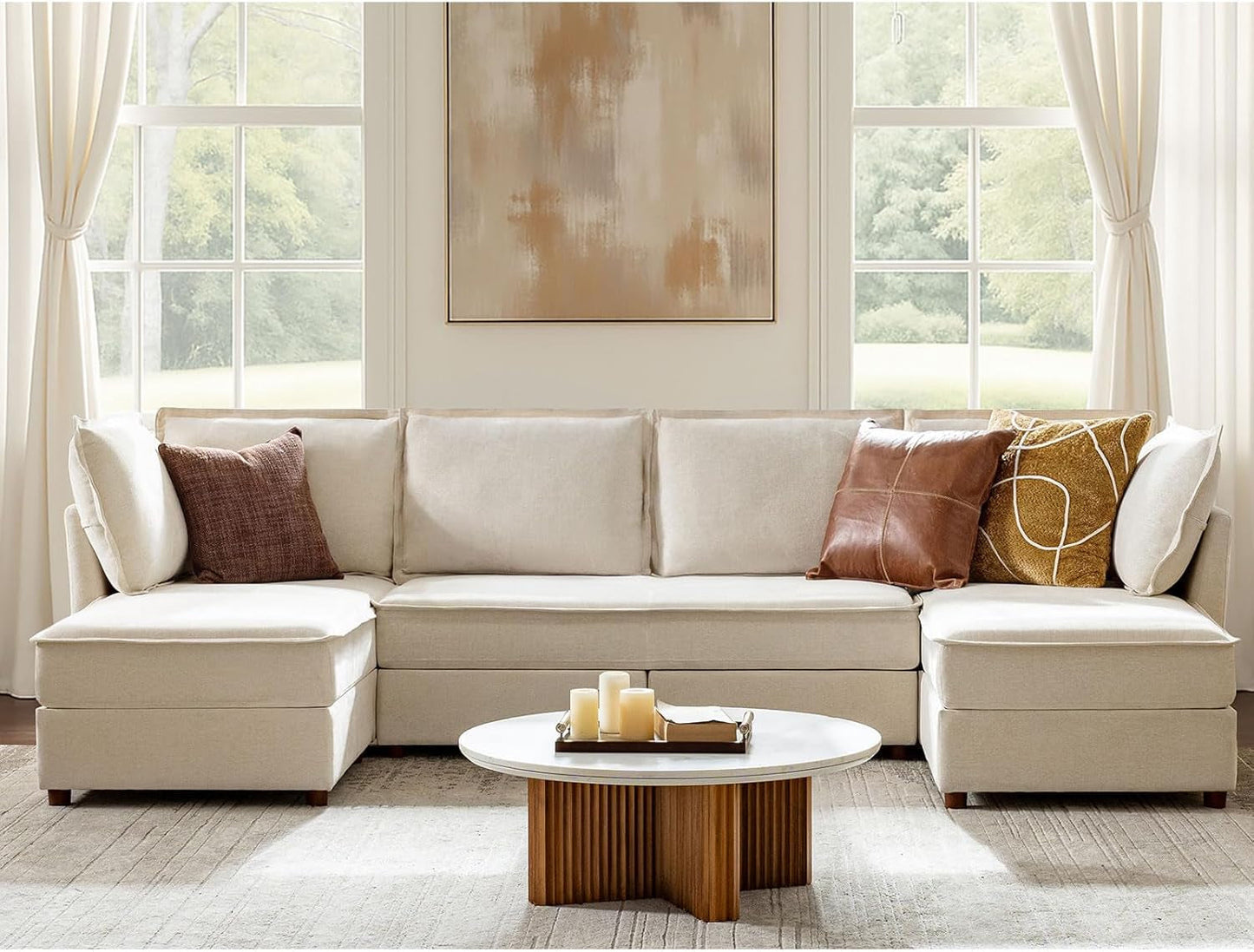 128'' Modular Sectional Sofa with Chaise, Oversized U Shaped Sofa with Hidden Storage Compartment, Comfy Cloud Couch with Extra-Wide Seat, Tool-Free Assembly, Beige