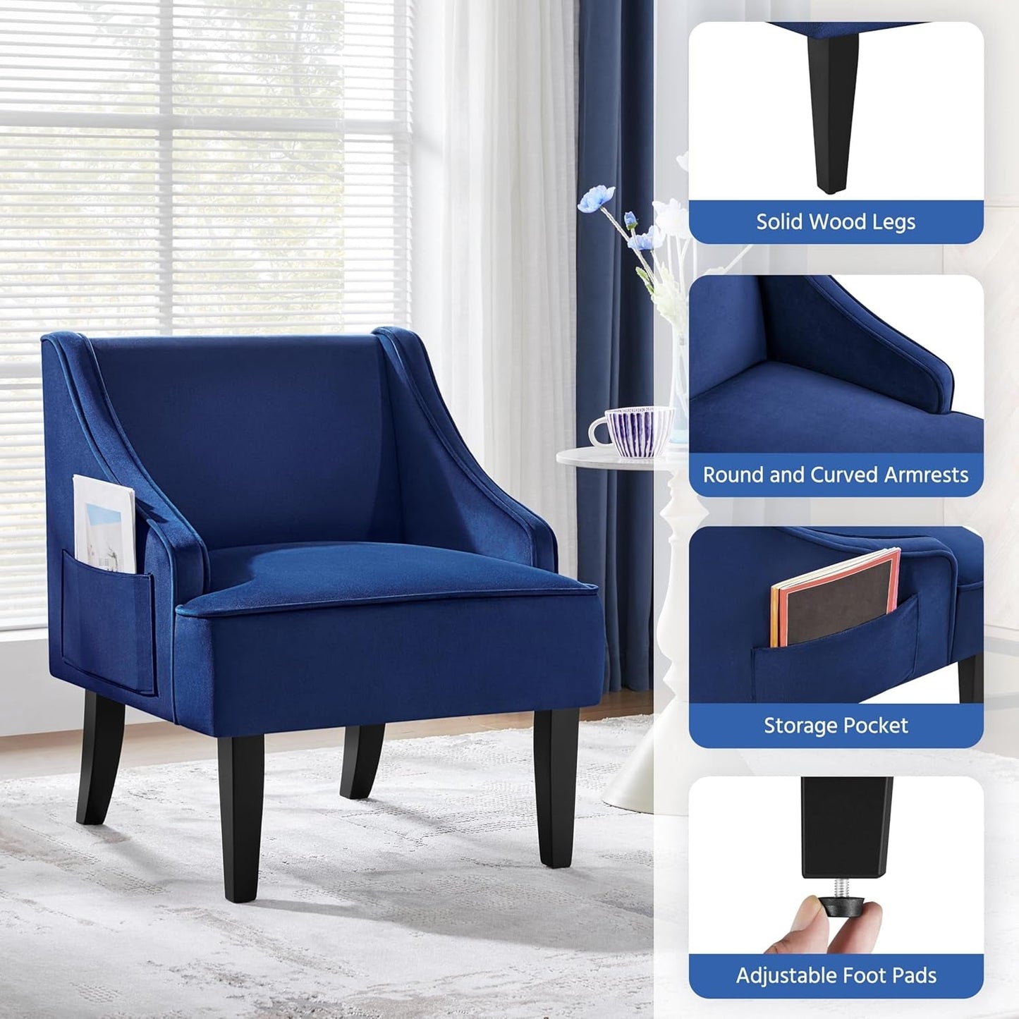 Living Room Chair, Accent Chair with Storage Side Pocket, Armchair with Wide Seat and Rubberwood Legs for Living Room Bedroom Reception Room, Blue