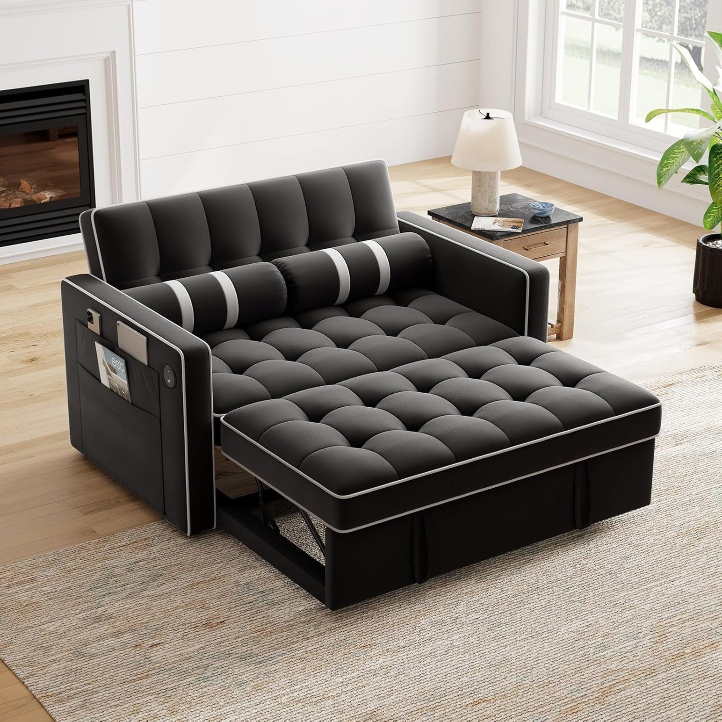3-In-1 Convertible Futon Sleeper Sofa Bed, Pull Out Couch with Adjustable Backrest, USB Charging & Side Pockets, Velvet Fabric Sofa for Living Room, Apartment, Loveseat, Black